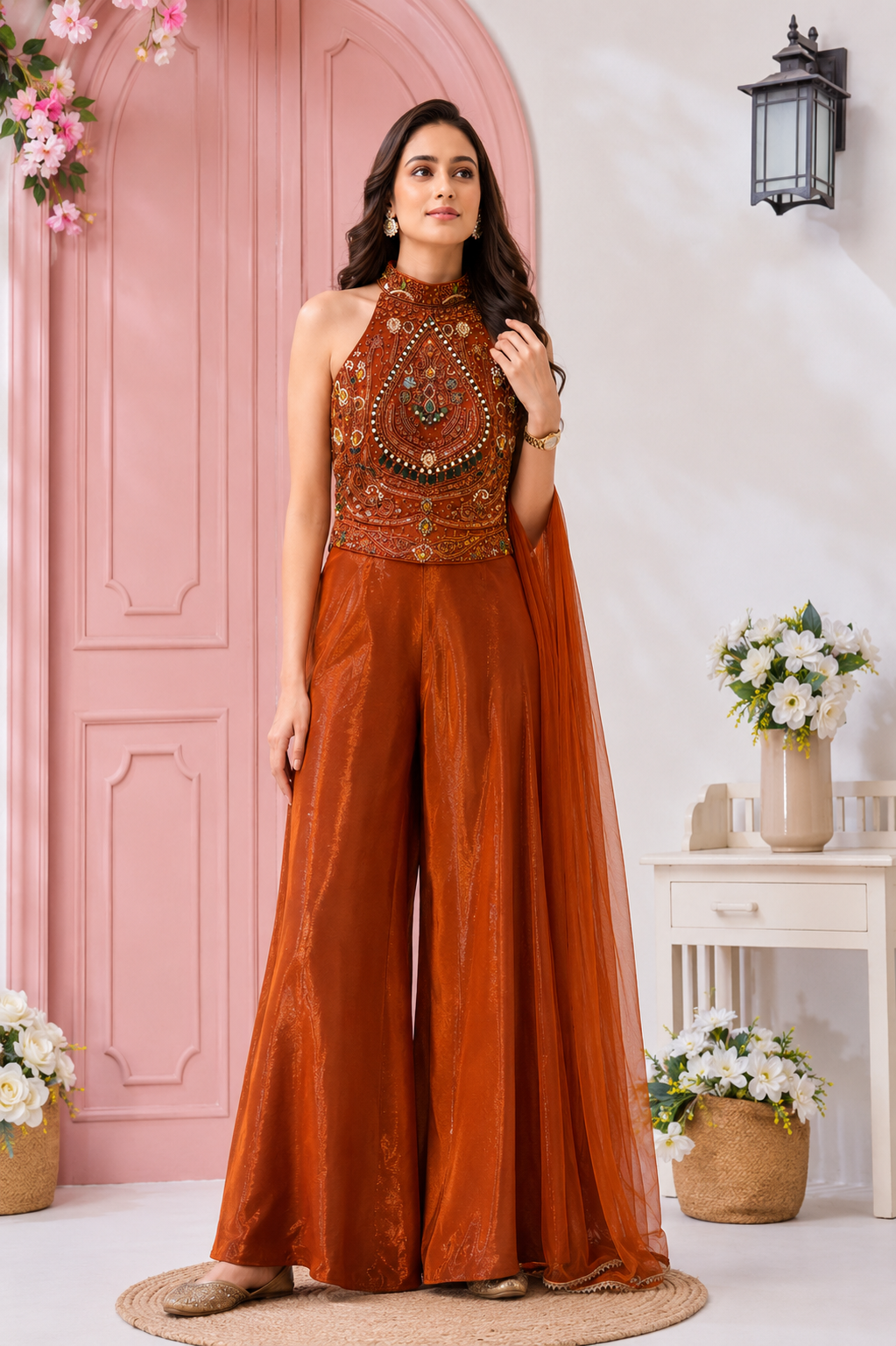 Rust Embroidered Halter Palazzo Set
