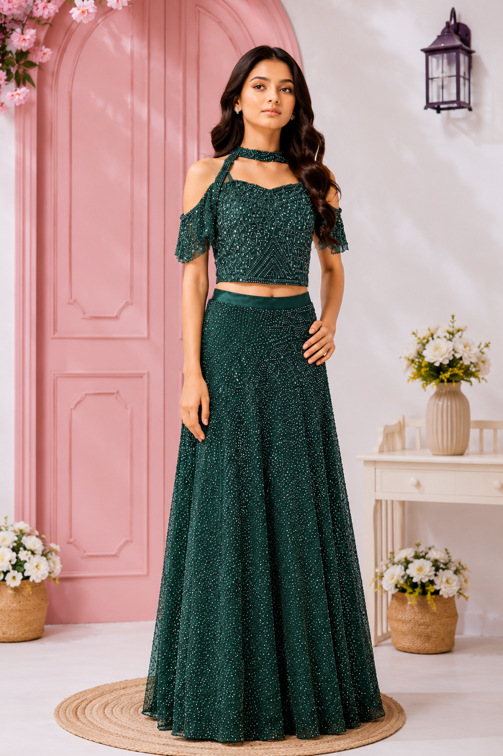 Bottle Green Sequin Embellished Lehenga