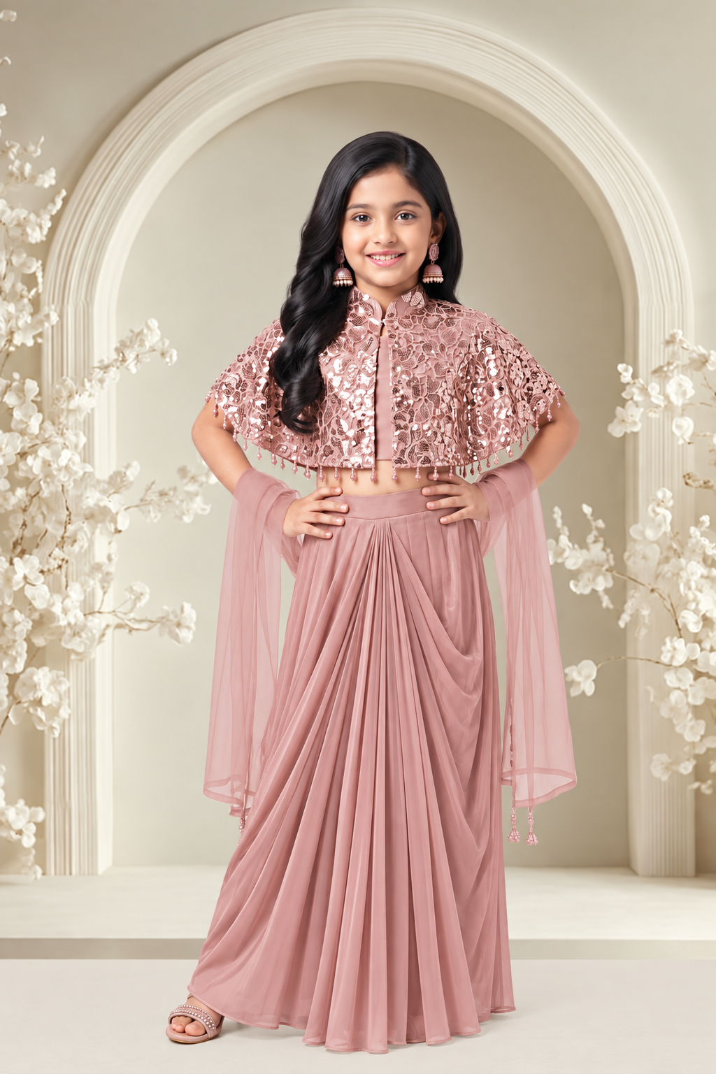 Dusty Rose Sequin Cape Girls Pleated Skirt Set - Mokshaa
