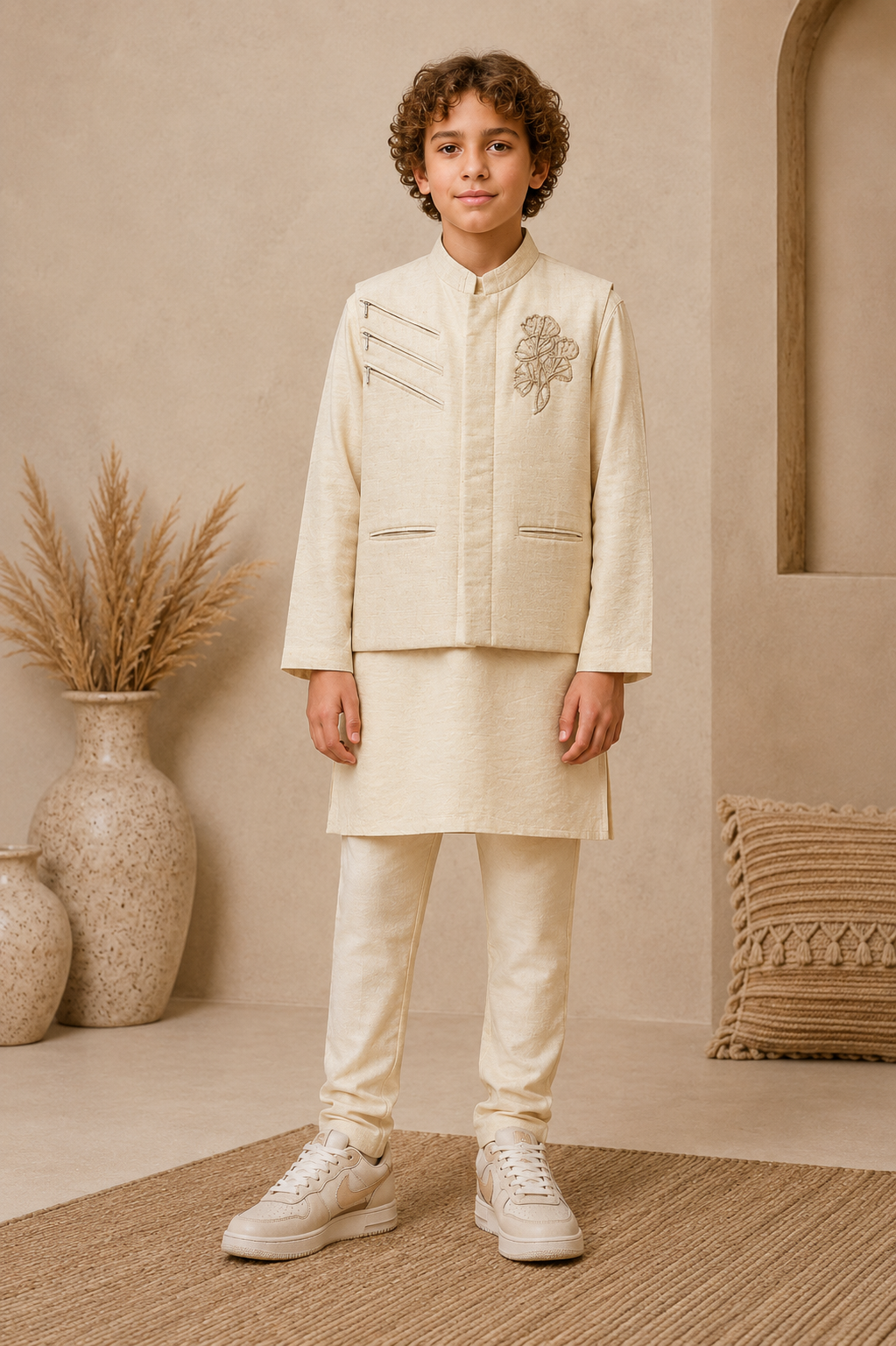 Cream Embroidered Bandi Kurta Pyjama Set - Mokshaa