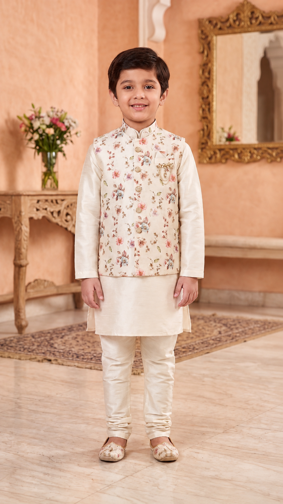 Cream Floral Print Bandi Kurta Pyjama Set - Mokshaa