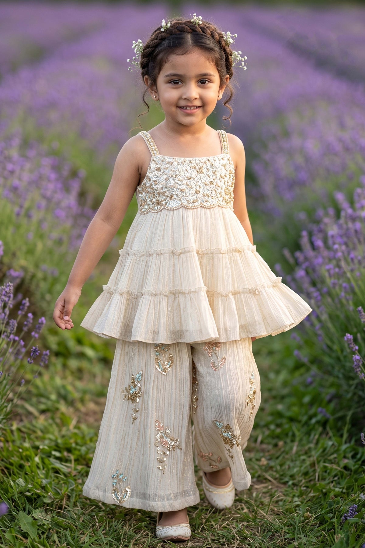 Ivory Shimmer Embroidered Top with Palazzo Pants - Mokshaa
