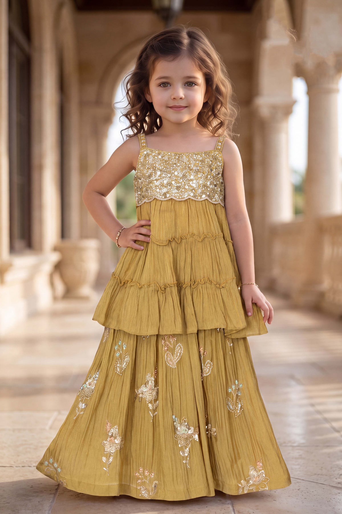 Mustard Green Shimmer Embroidered Layered Lehenga Set - Mokshaa