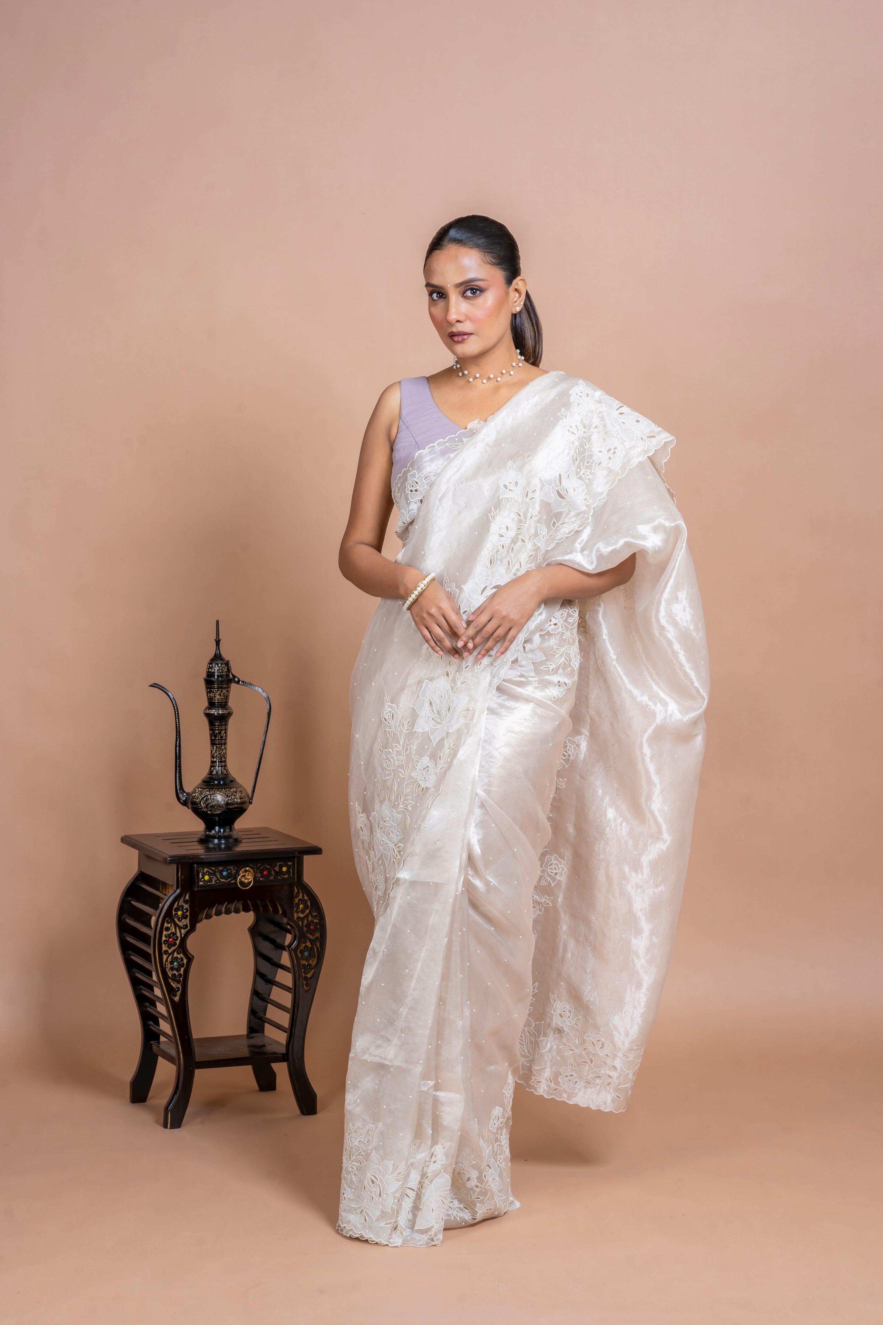 Silver Tissue Organza Saree with Floral Embroidery and Scallop Edge - Mokshaa