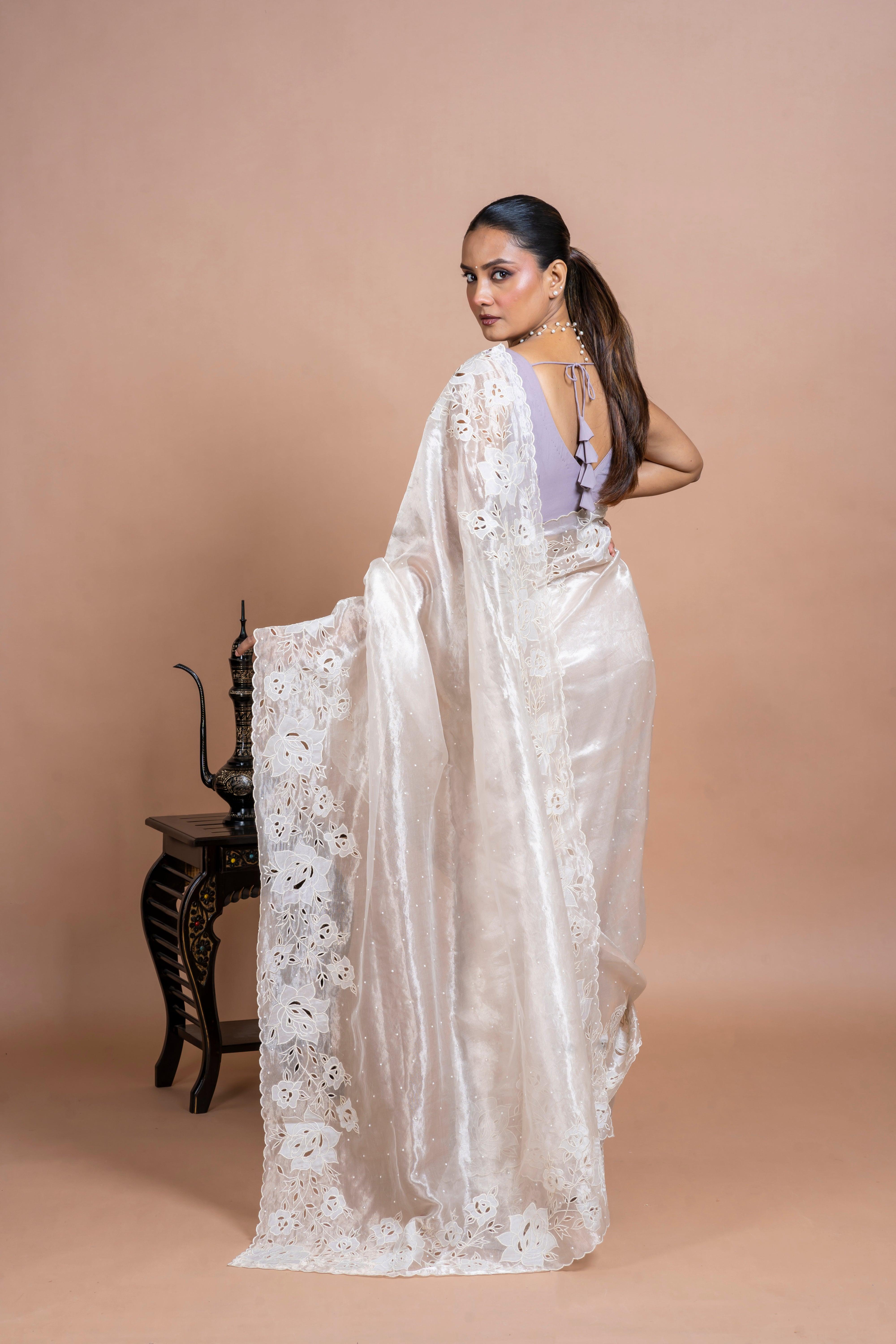 Silver Tissue Organza Saree with Floral Embroidery and Scallop Edge - Mokshaa