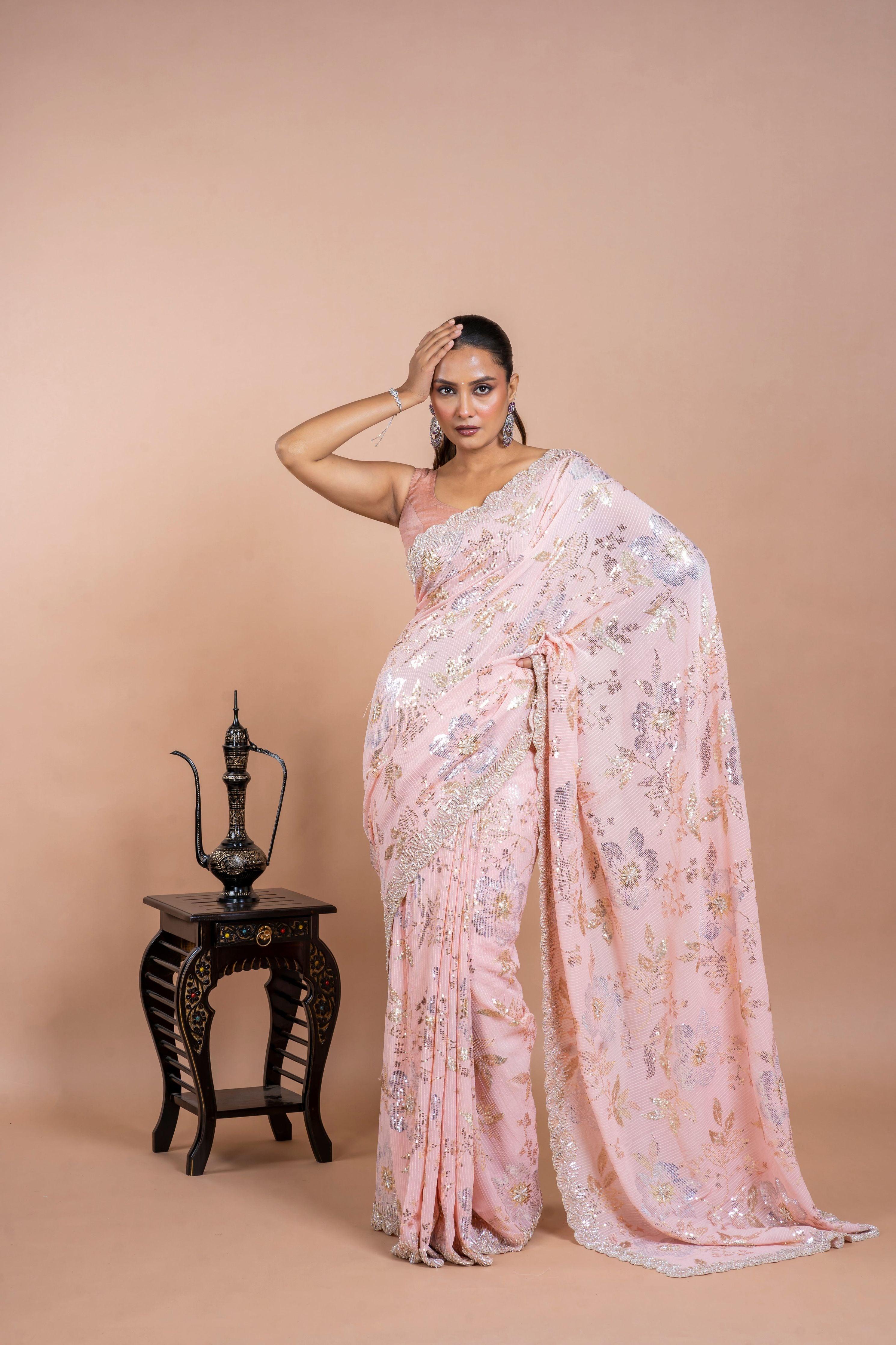 Light Pink Georgette Saree with Floral Sequins and Pearl Work - Mokshaa