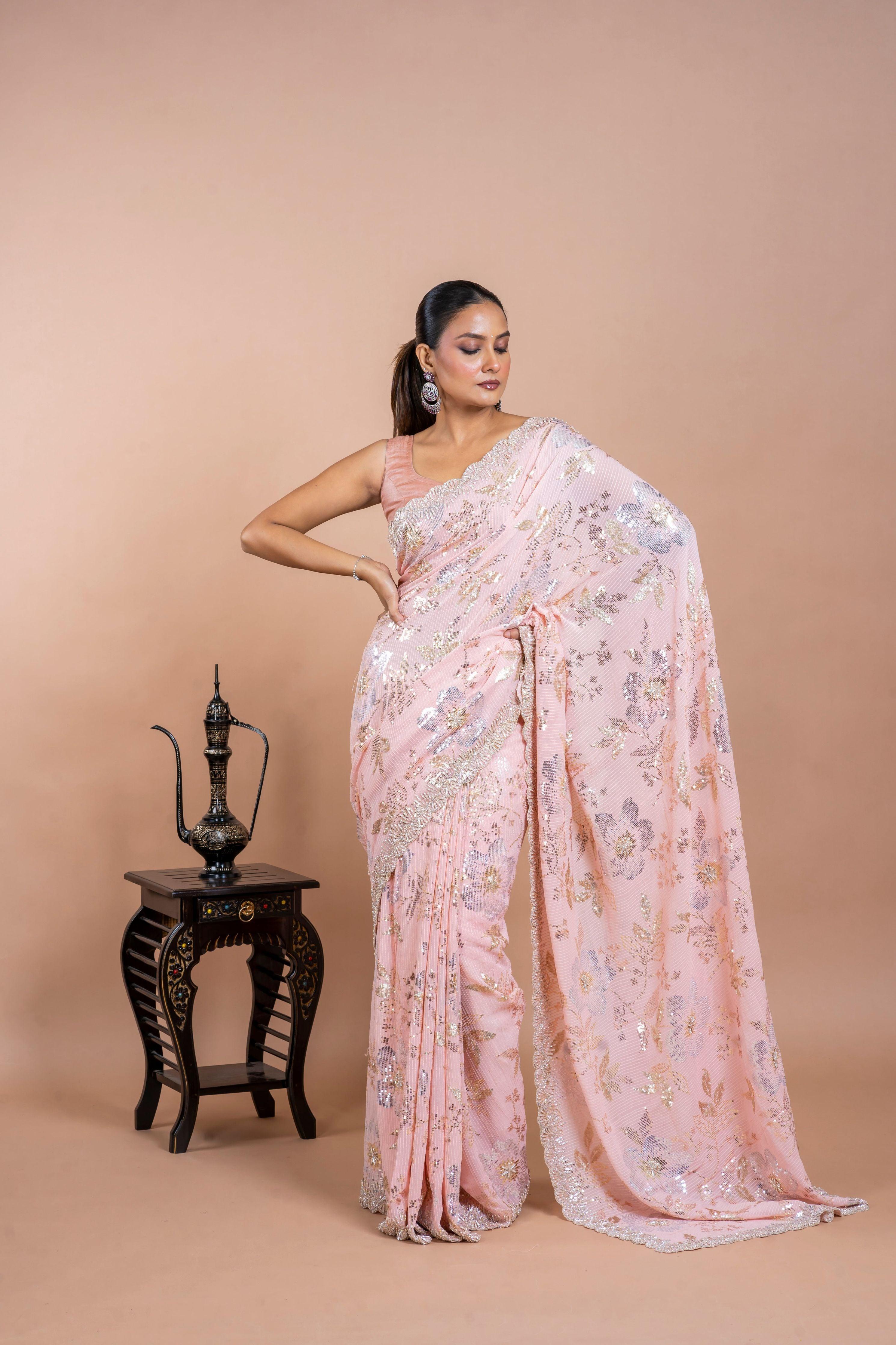 Light Pink Georgette Saree with Floral Sequins and Pearl Work - Mokshaa
