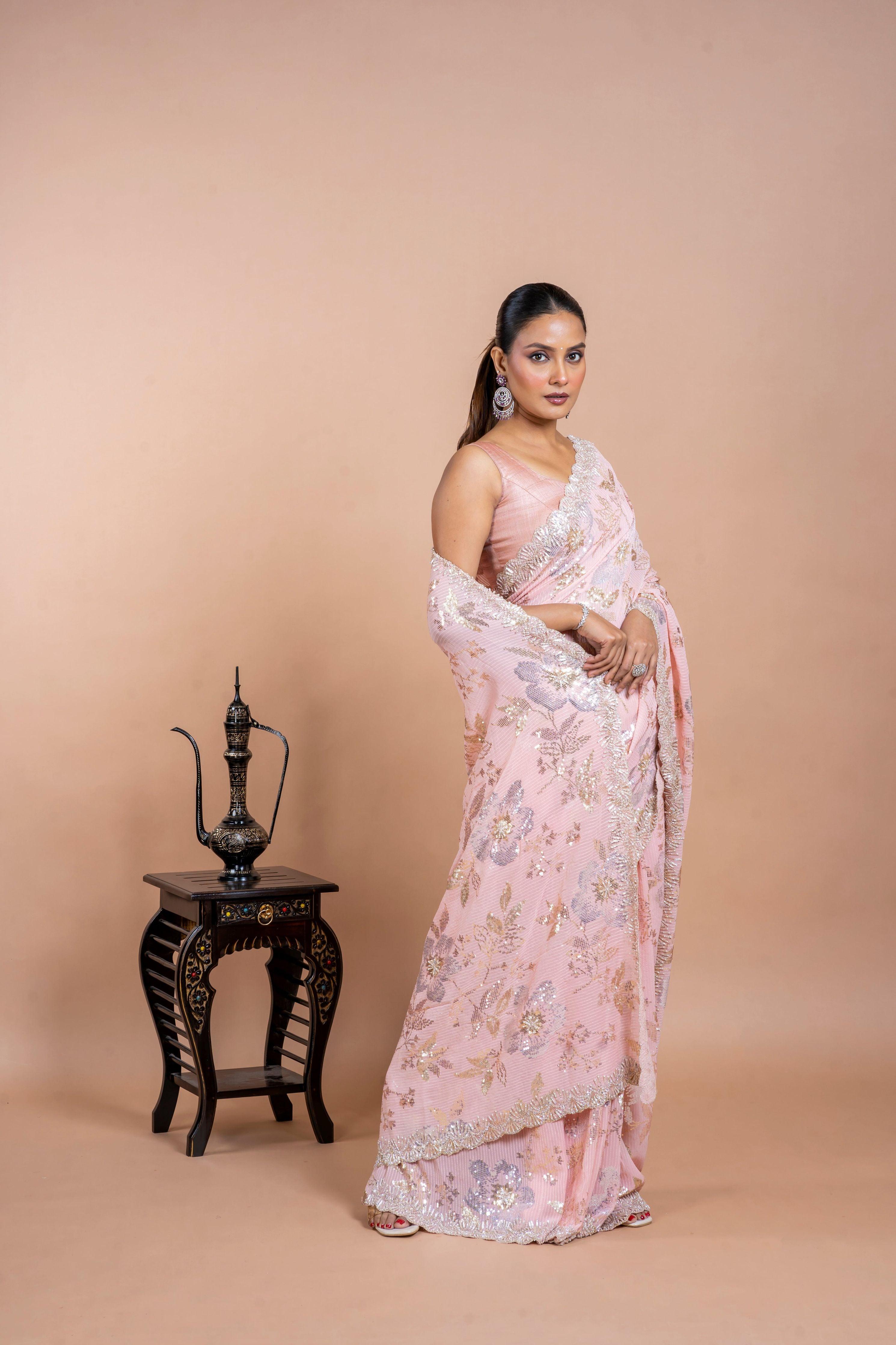 Light Pink Georgette Saree with Floral Sequins and Pearl Work - Mokshaa