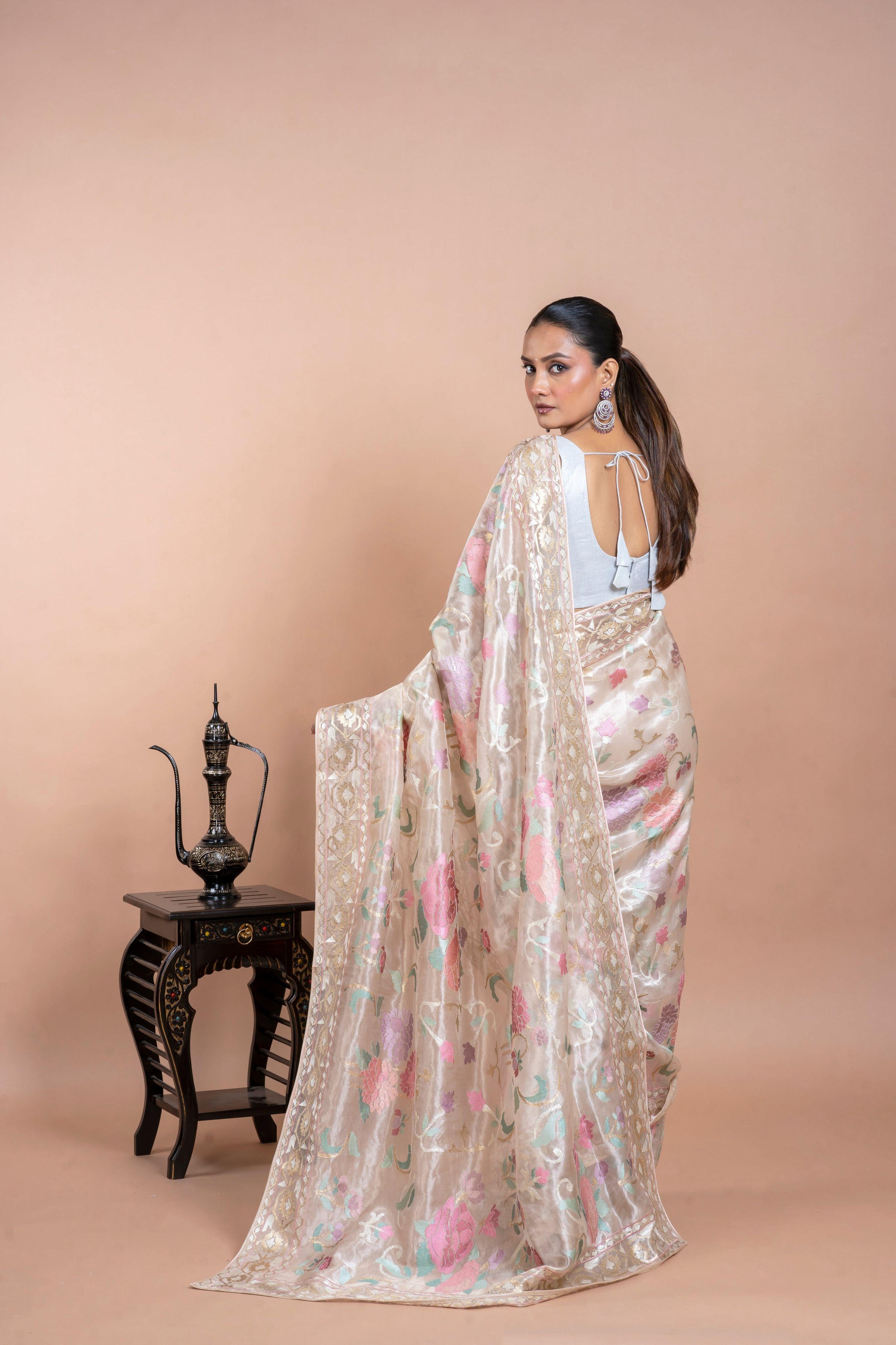 Taupe Gold Tissue Organza Saree with Zari and Multi-Thread Work - Mokshaa