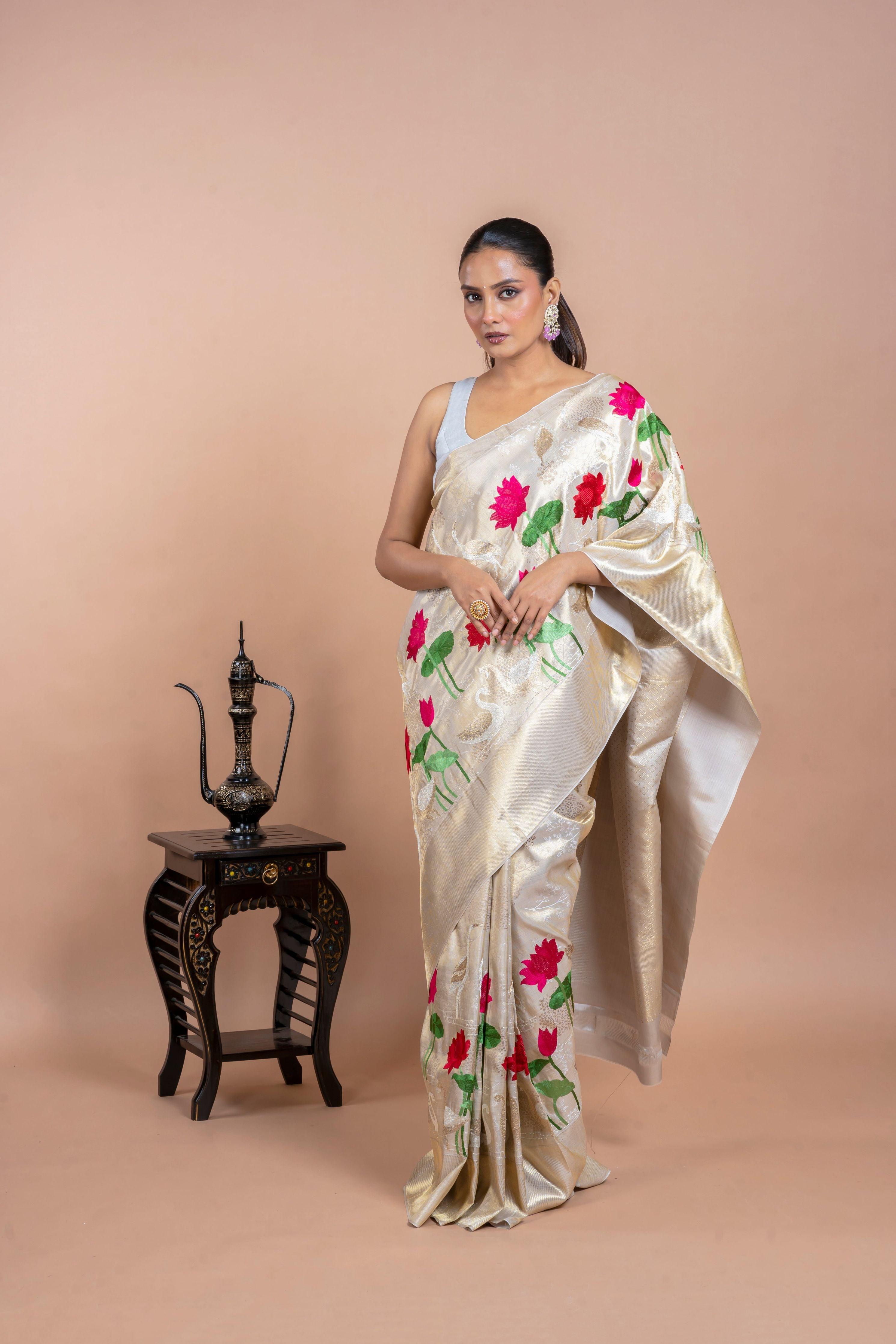 Off White Silk Saree with Zari Weaving and Thread Embroidery - Mokshaa