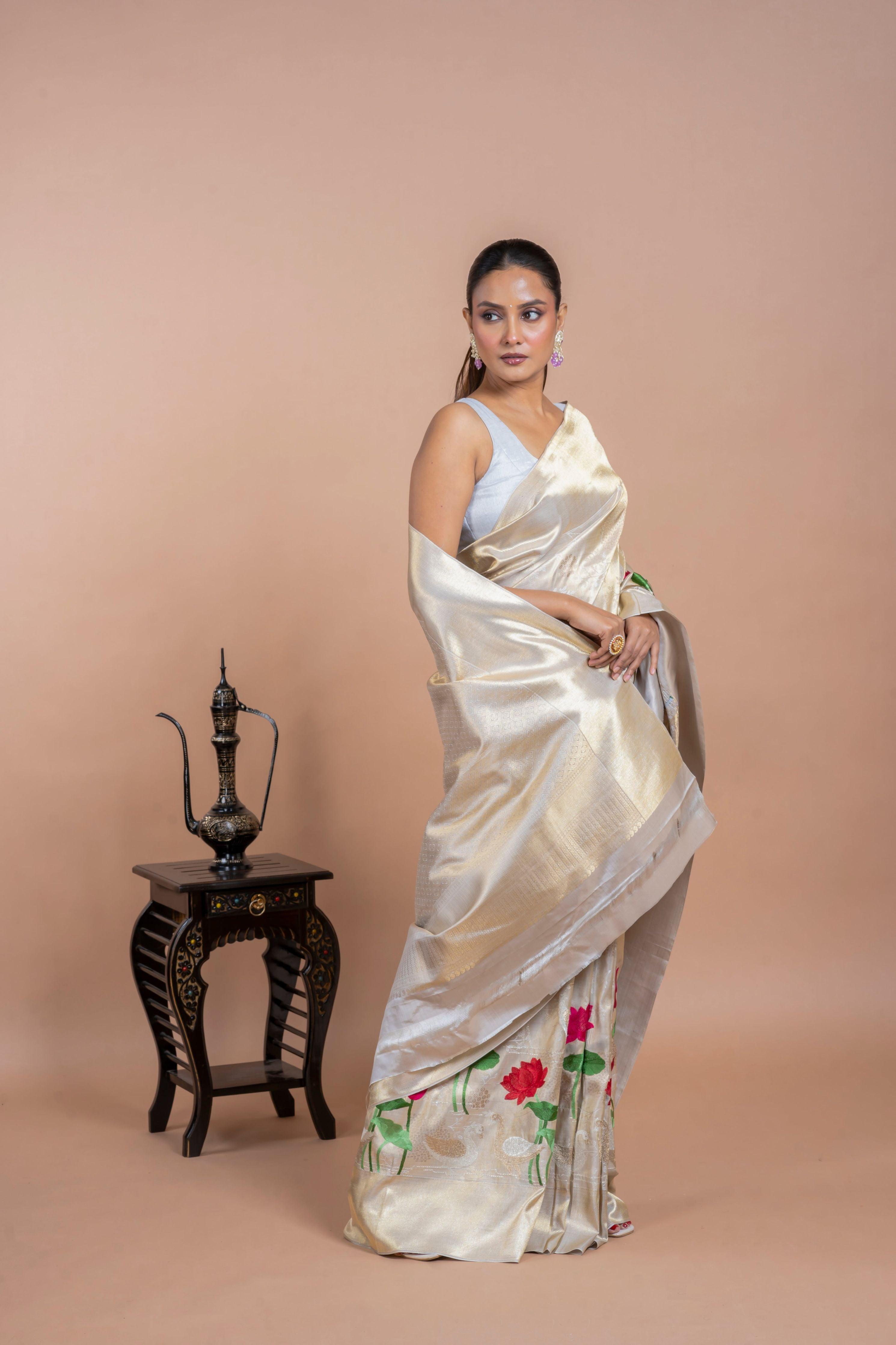 Off White Silk Saree with Zari Weaving and Thread Embroidery - Mokshaa