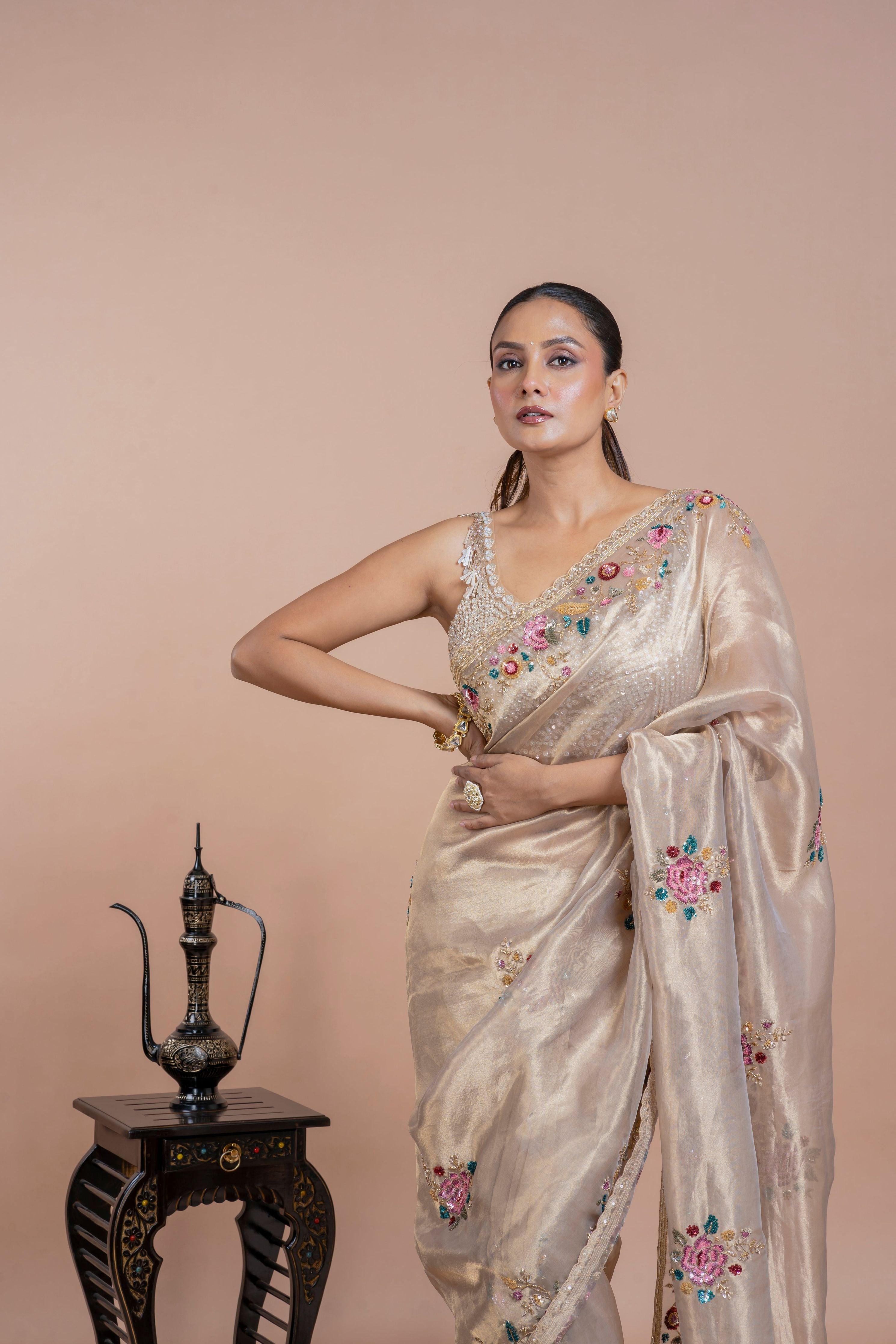 Mat Gold Tissue Organza Saree with Sequin Floral Embroidery - Mokshaa