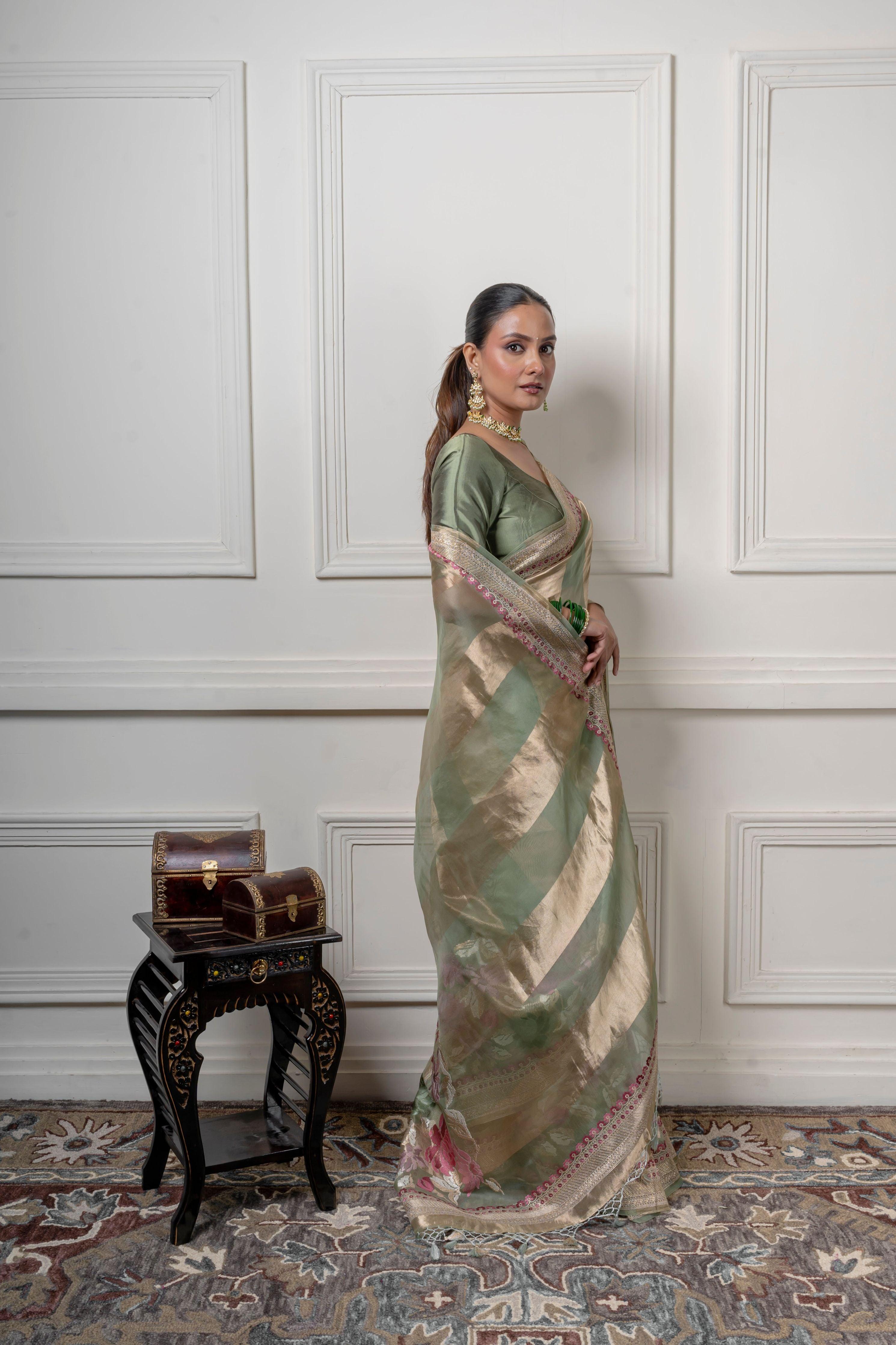 Green Organza Saree with Gold Zari Stripe - Mokshaa