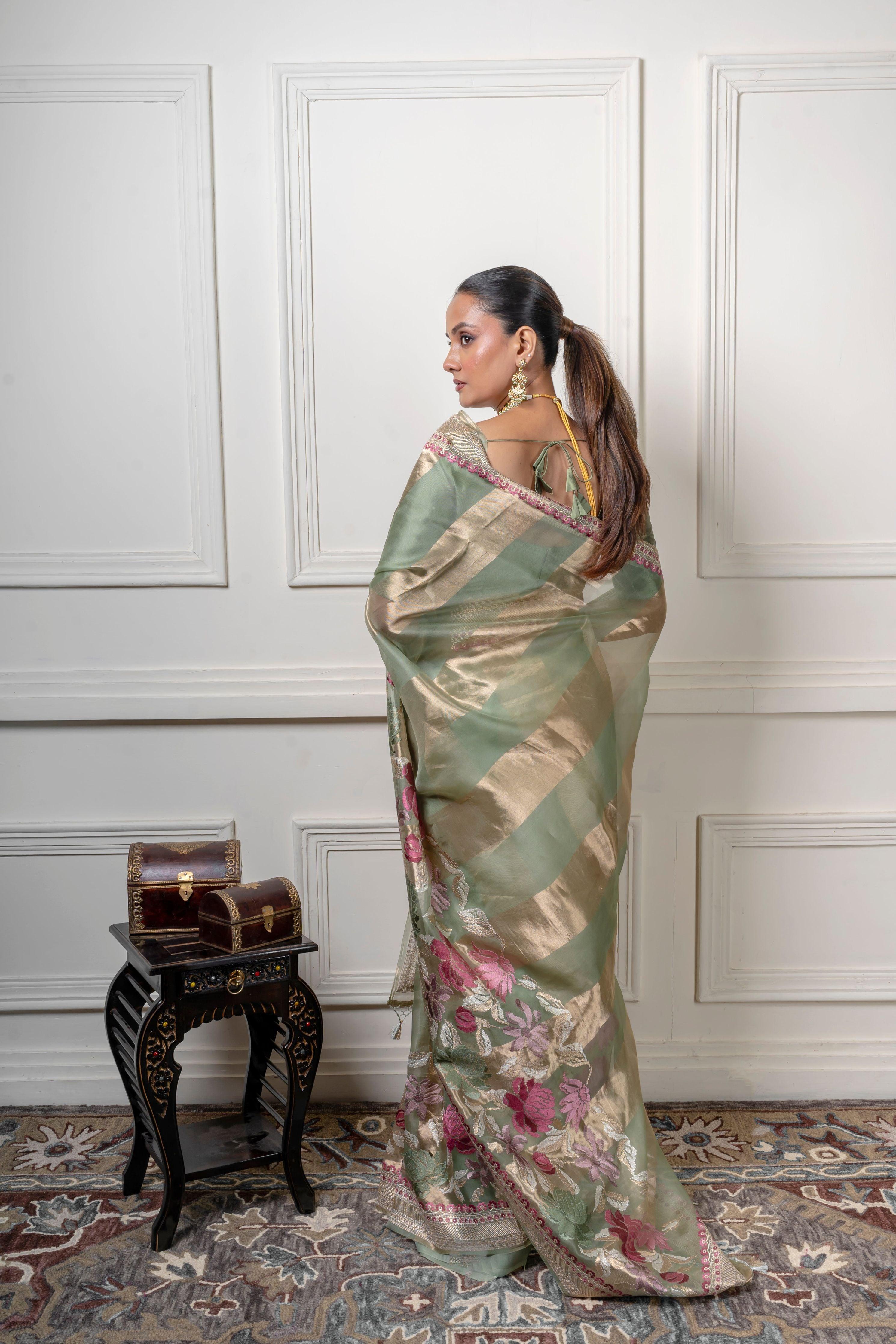 Green Organza Saree with Gold Zari Stripe - Mokshaa