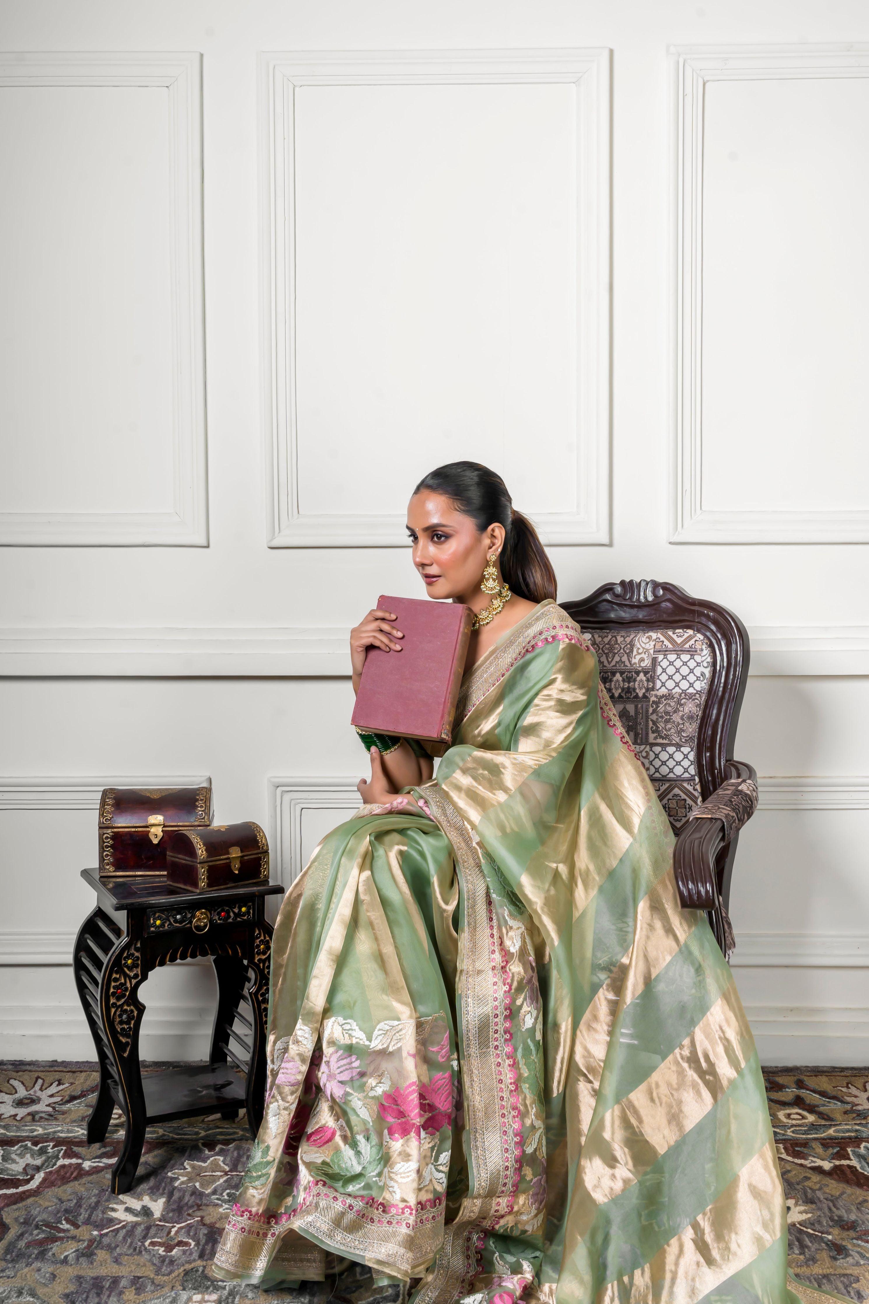 Green Organza Saree with Gold Zari Stripe - Mokshaa