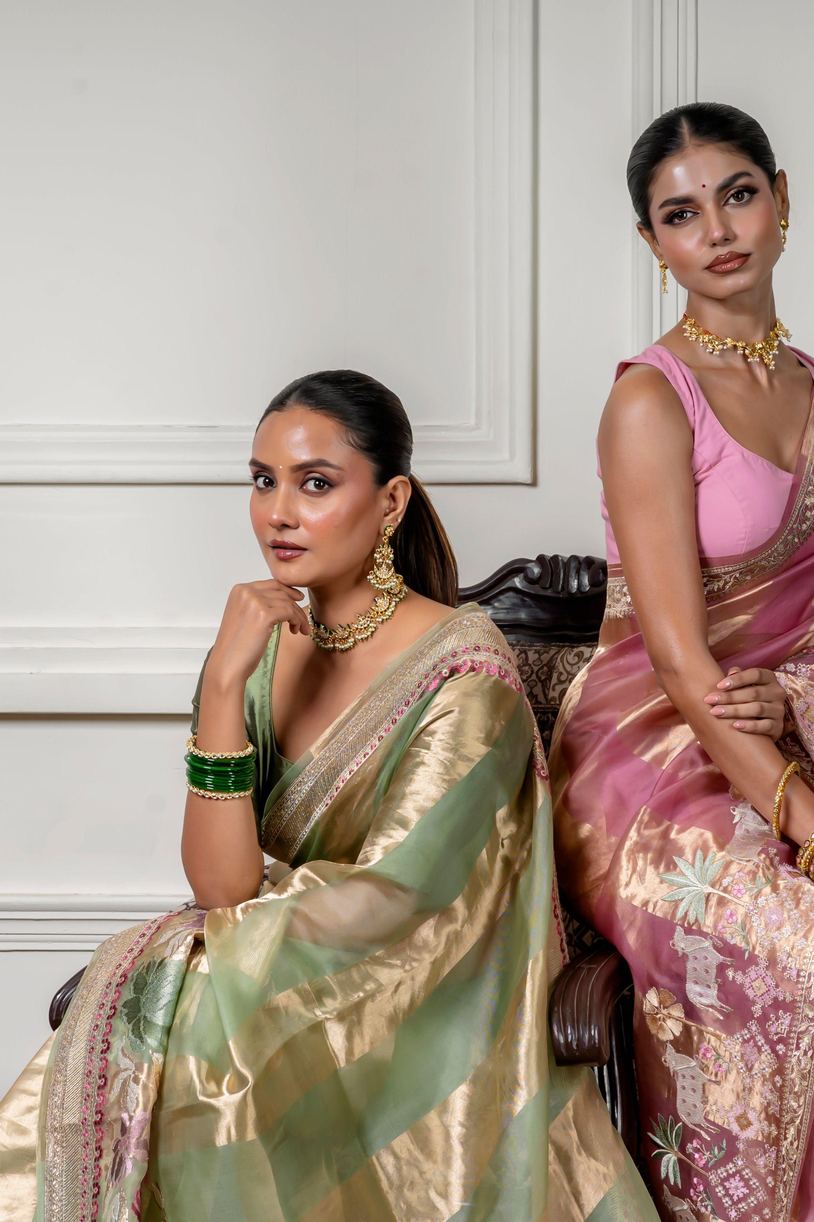 Green Organza Saree with Gold Zari Stripe - Mokshaa