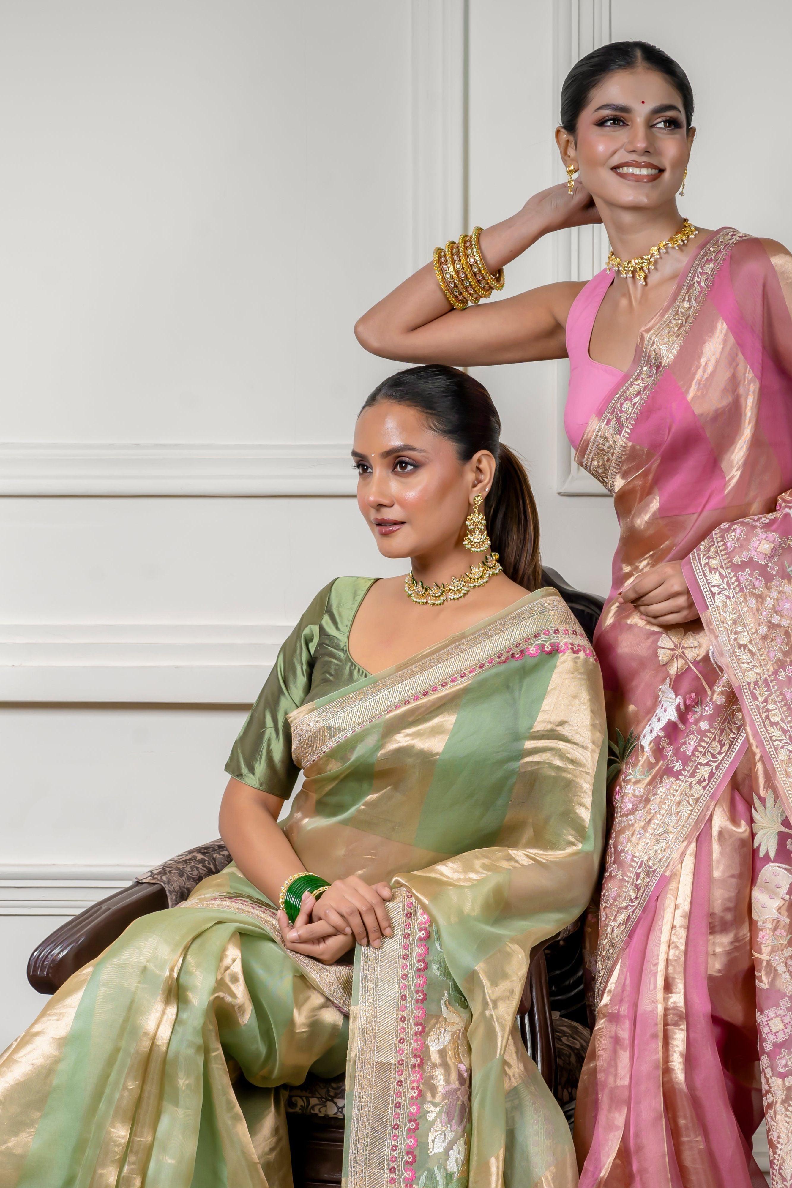 Dusty Pink Organza Saree with Gold Zari Stripe - Mokshaa