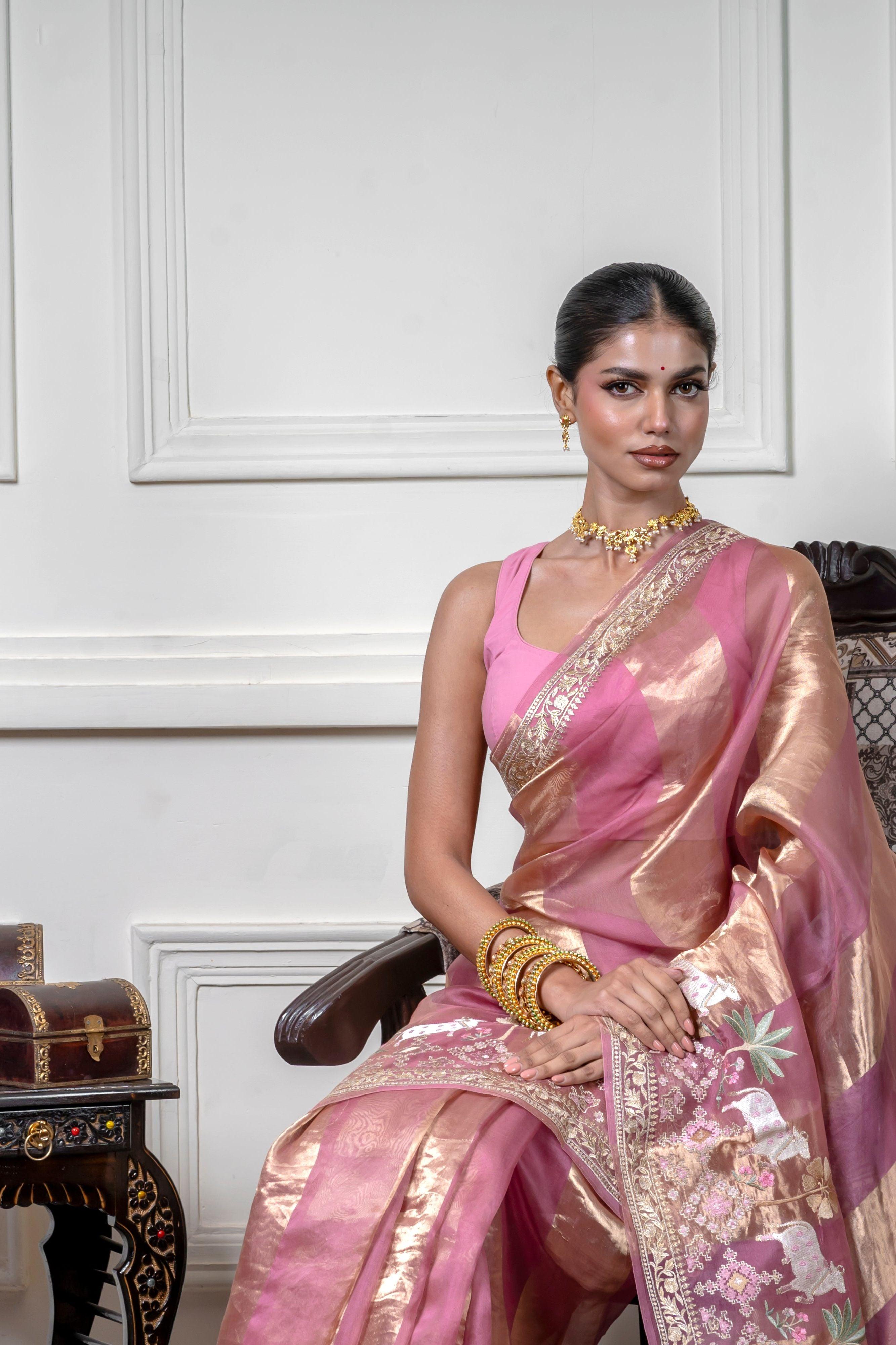Dusty Pink Organza Saree with Gold Zari Stripe - Mokshaa