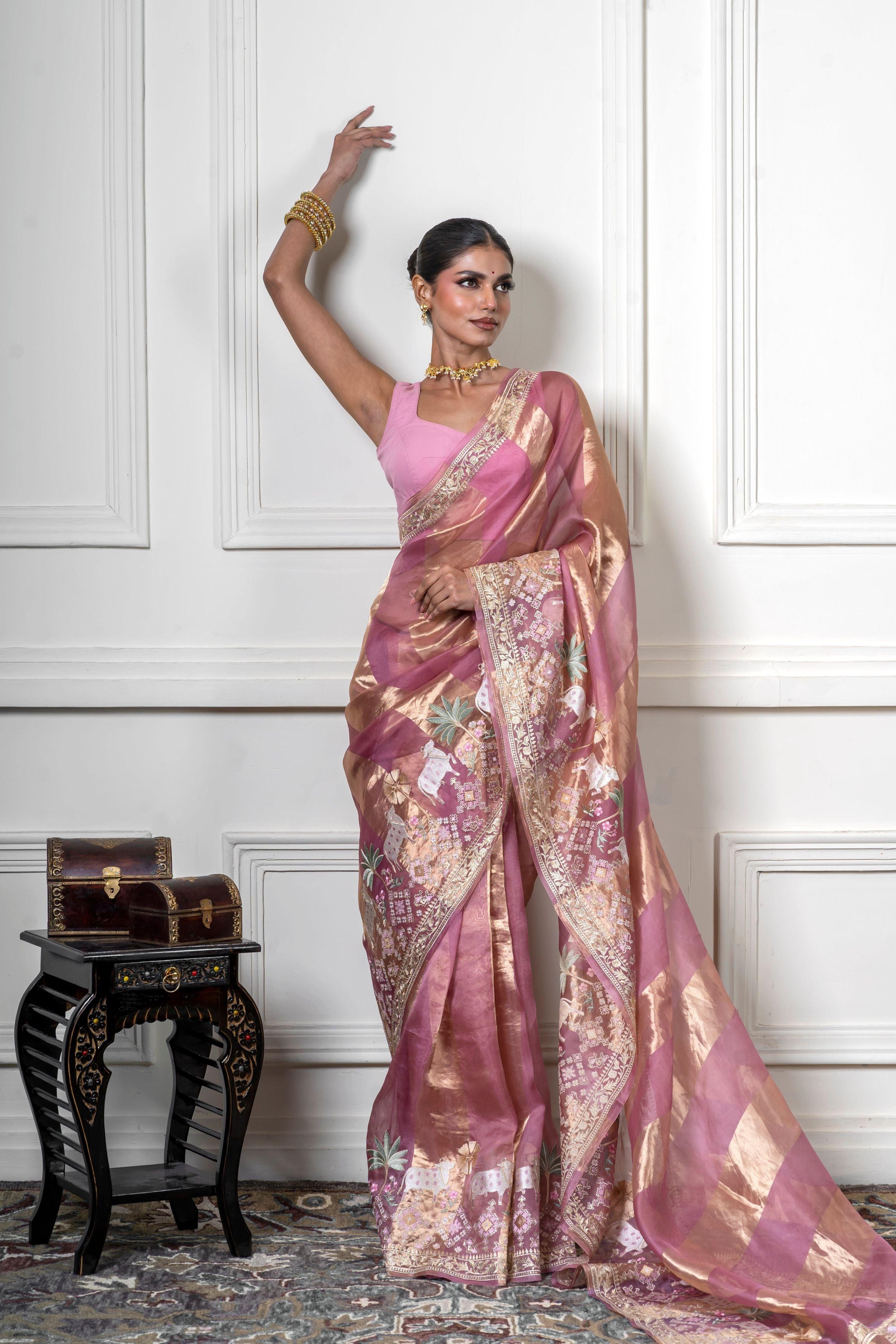 Dusty Pink Organza Saree with Gold Zari Stripe - Mokshaa