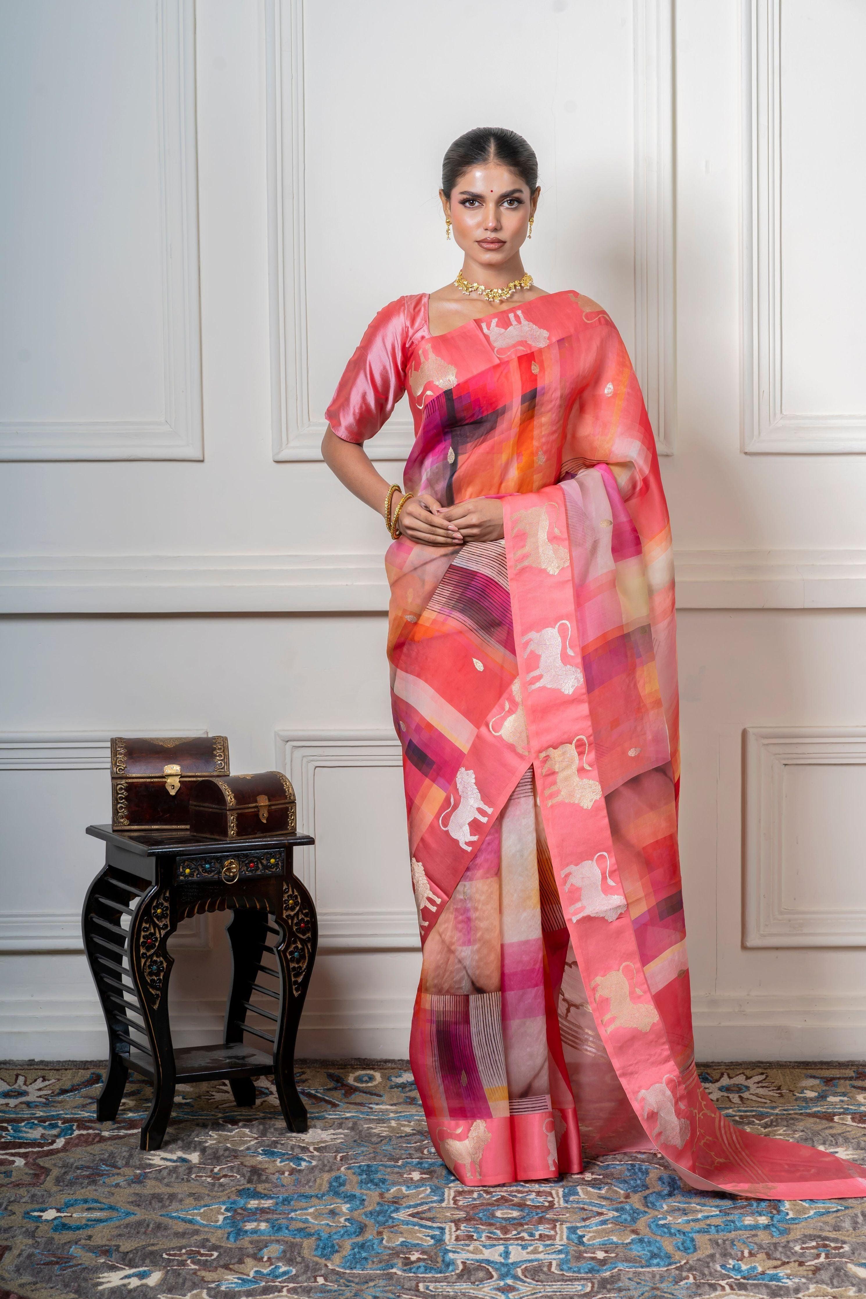 Multicolor Organza Saree with Geometric Print and Animal Motif - Mokshaa