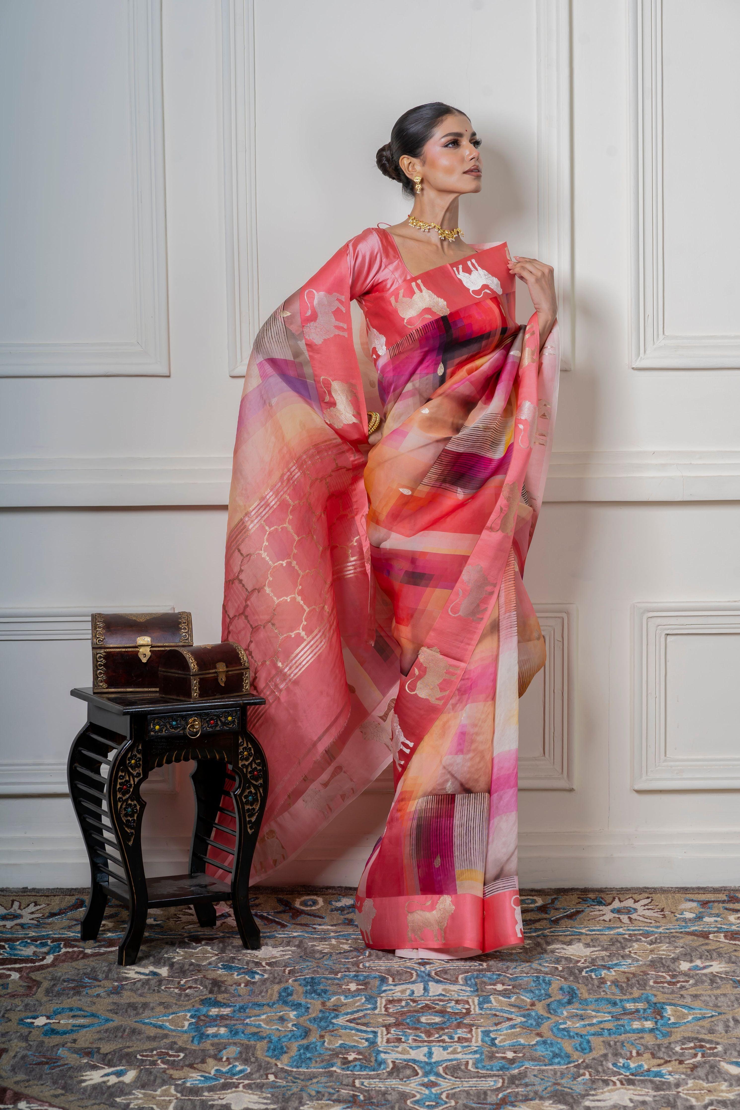 Multicolor Organza Saree with Geometric Print and Animal Motif - Mokshaa