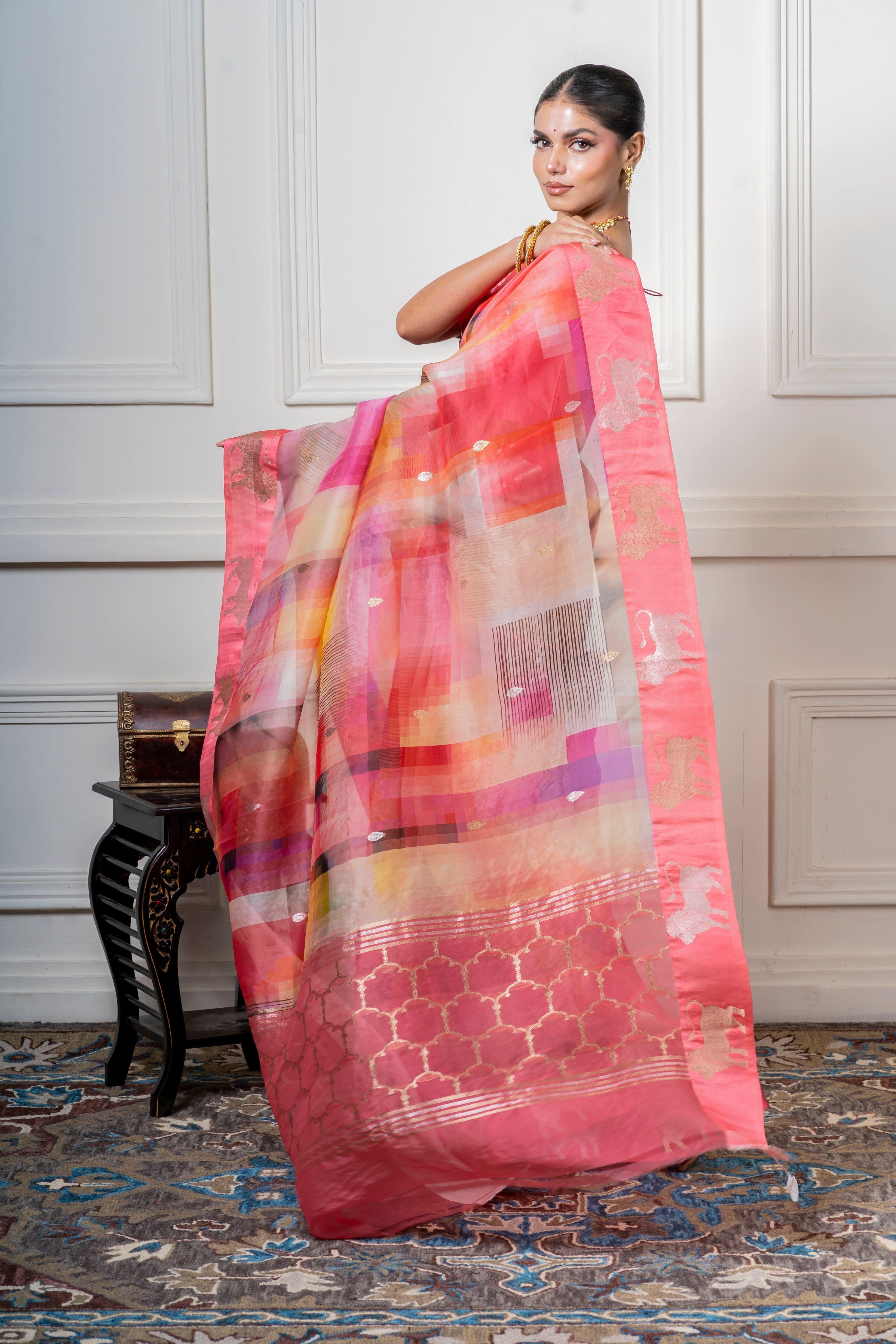 Multicolor Organza Saree with Geometric Print and Animal Motif - Mokshaa
