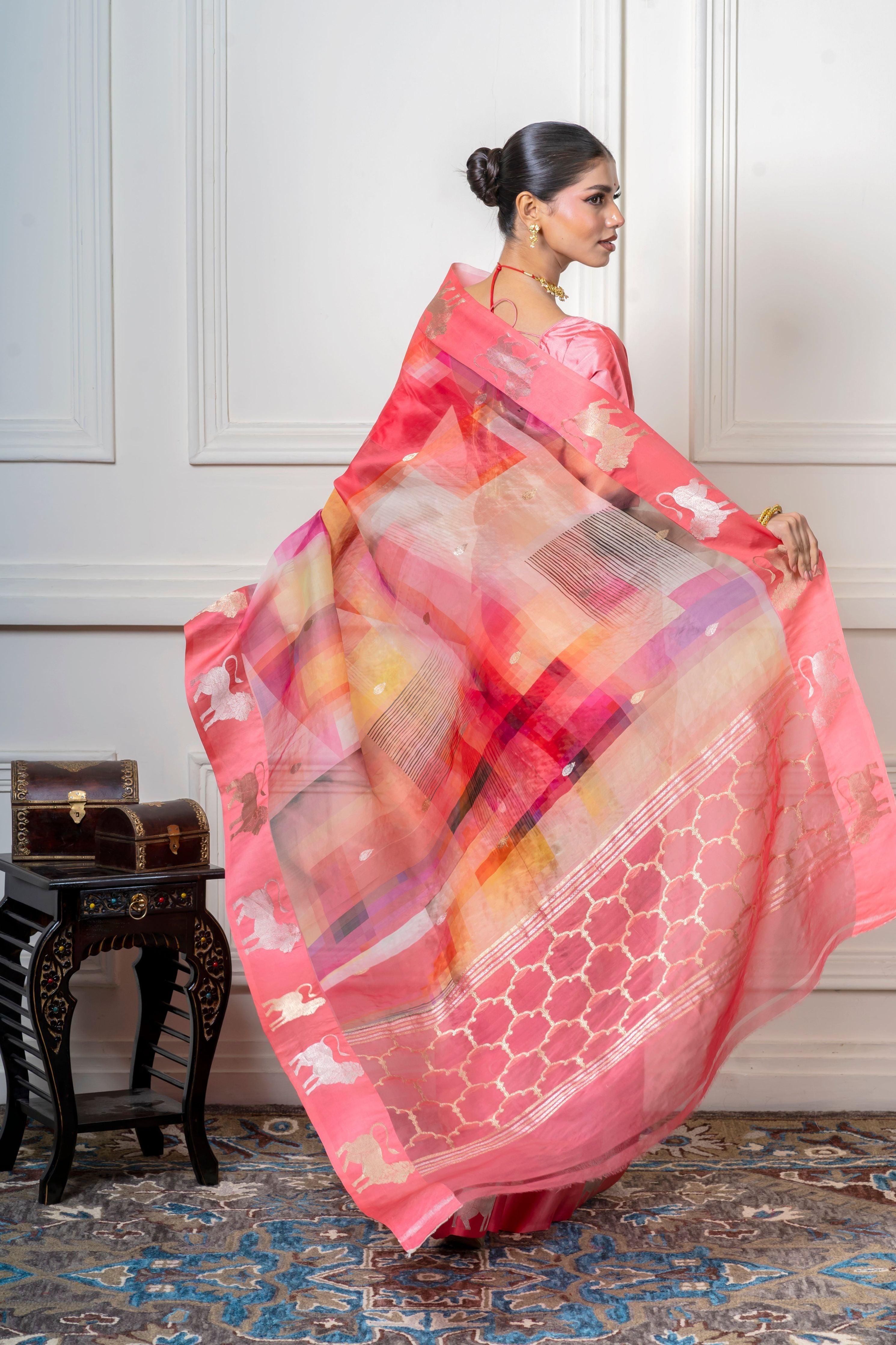 Multicolor Organza Saree with Geometric Print and Animal Motif - Mokshaa