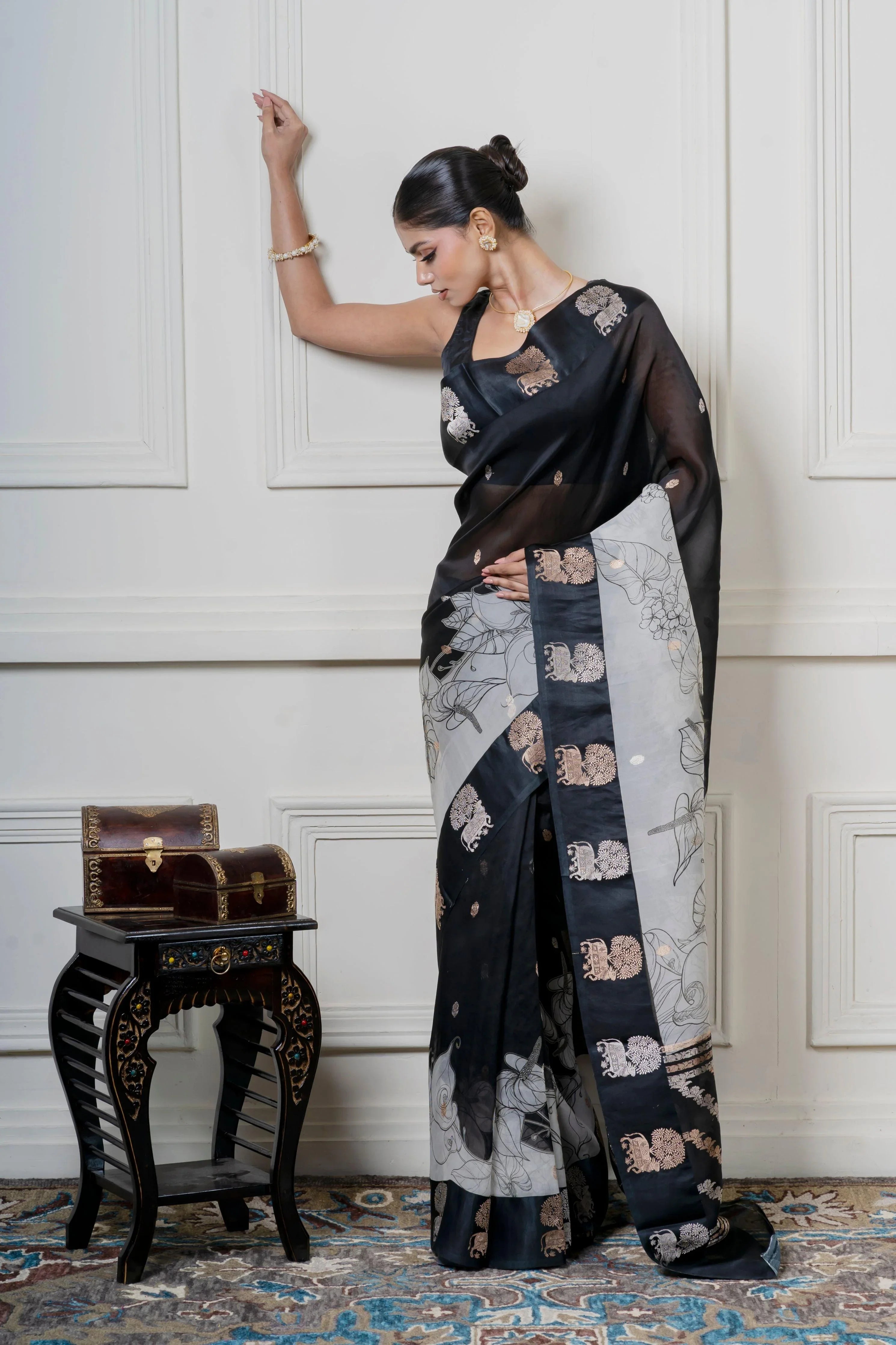 Black Organza Saree with Digital Floral Print and Zari Border - Mokshaa