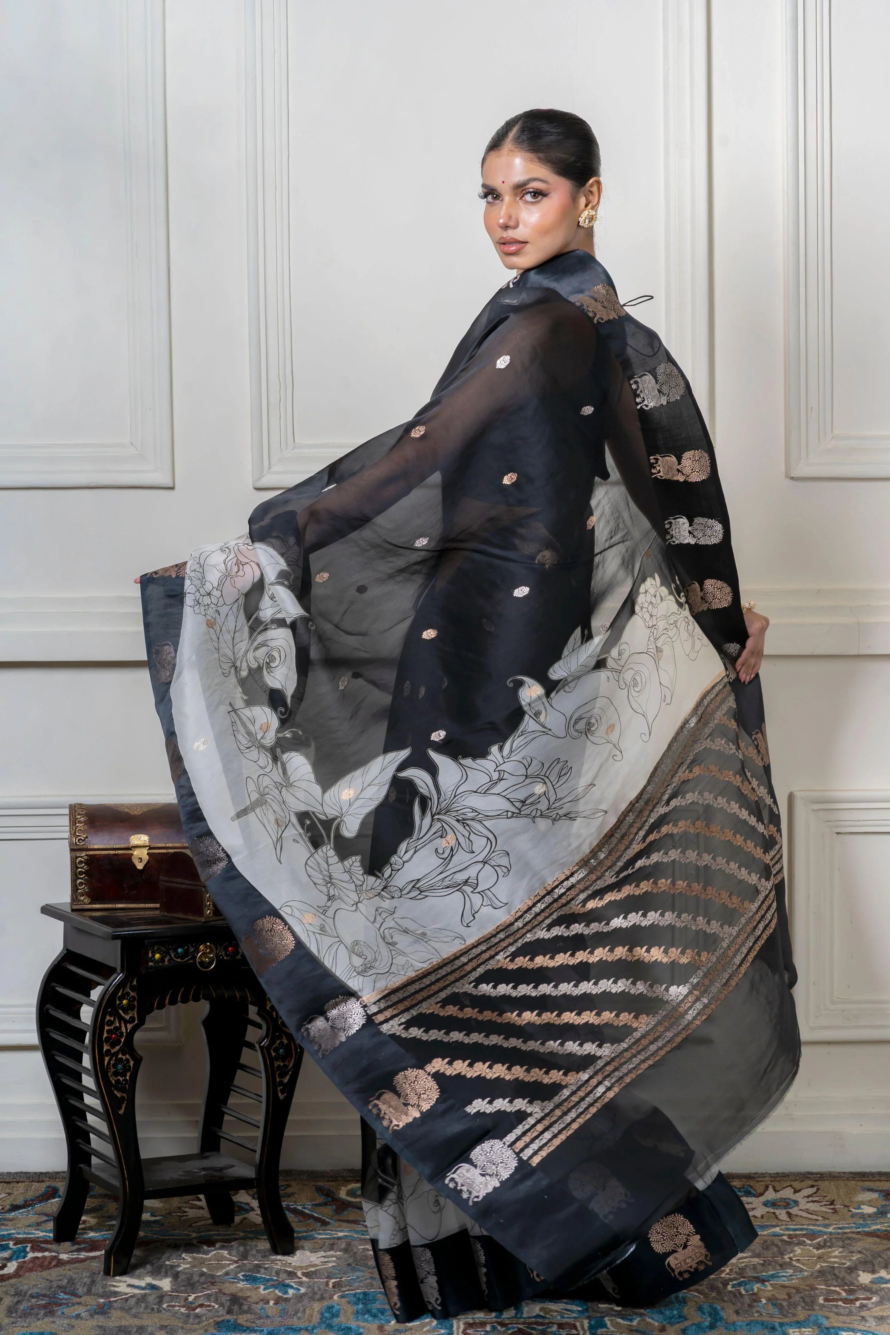 Black Organza Saree with Digital Floral Print and Zari Border - Mokshaa