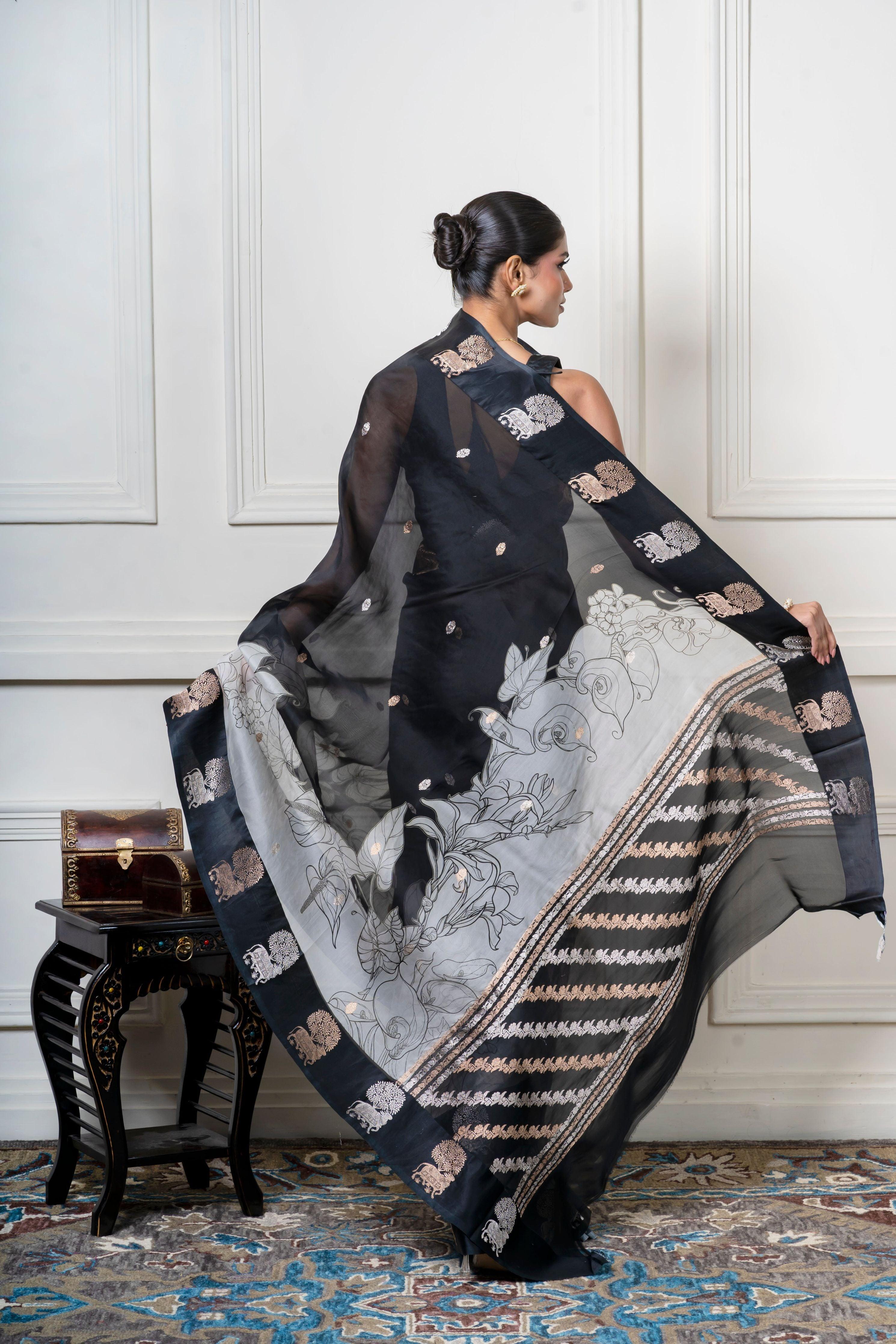 Black Organza Saree with Digital Floral Print and Zari Border - Mokshaa