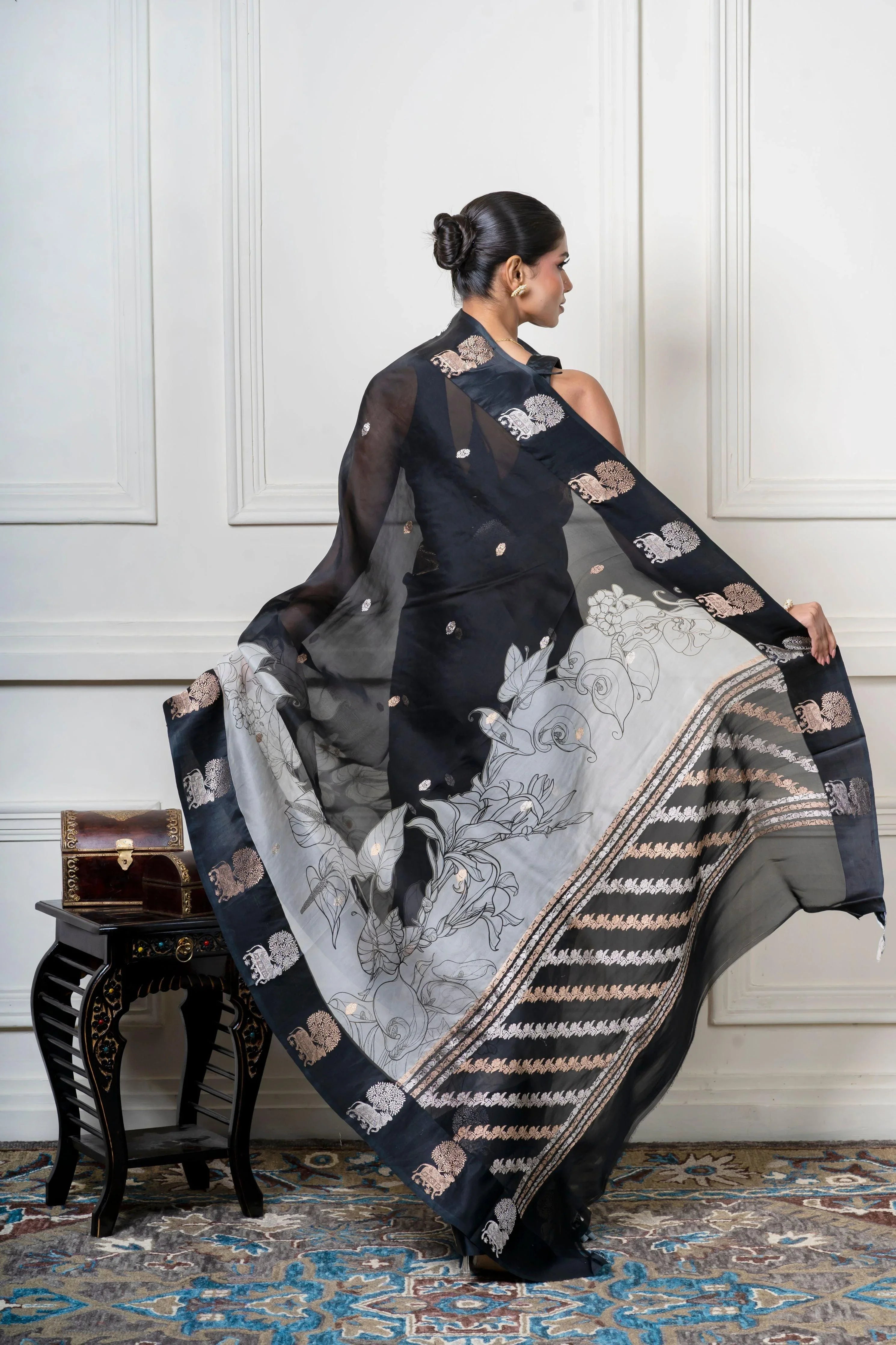 Black Organza Saree with Digital Floral Print and Zari Border - Mokshaa