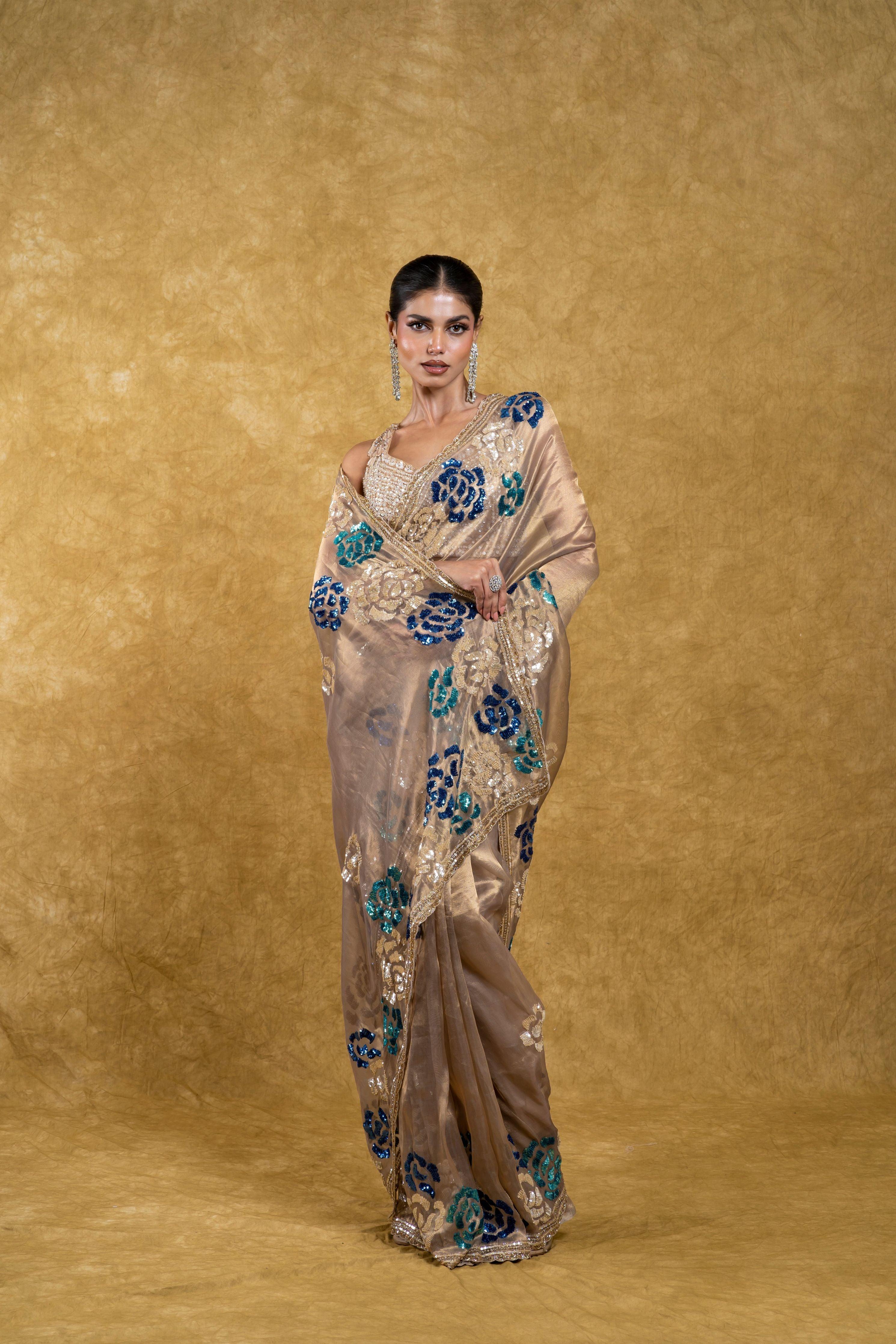 Taupe Gold Tissue Organza Saree with Sequin Floral Embroidery - Mokshaa