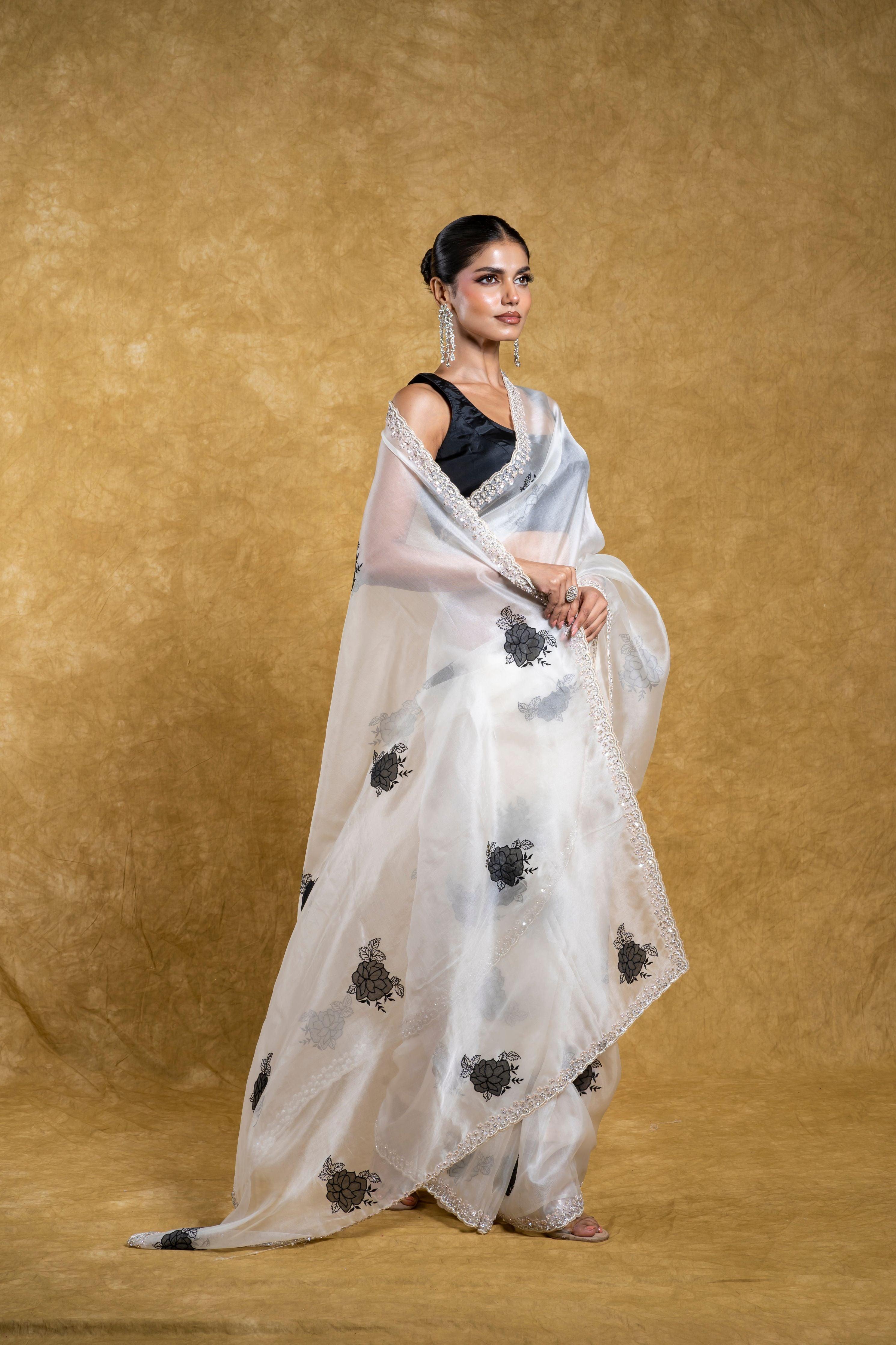 White Organza Saree with Black Floral Motif and Embellished Border - Mokshaa