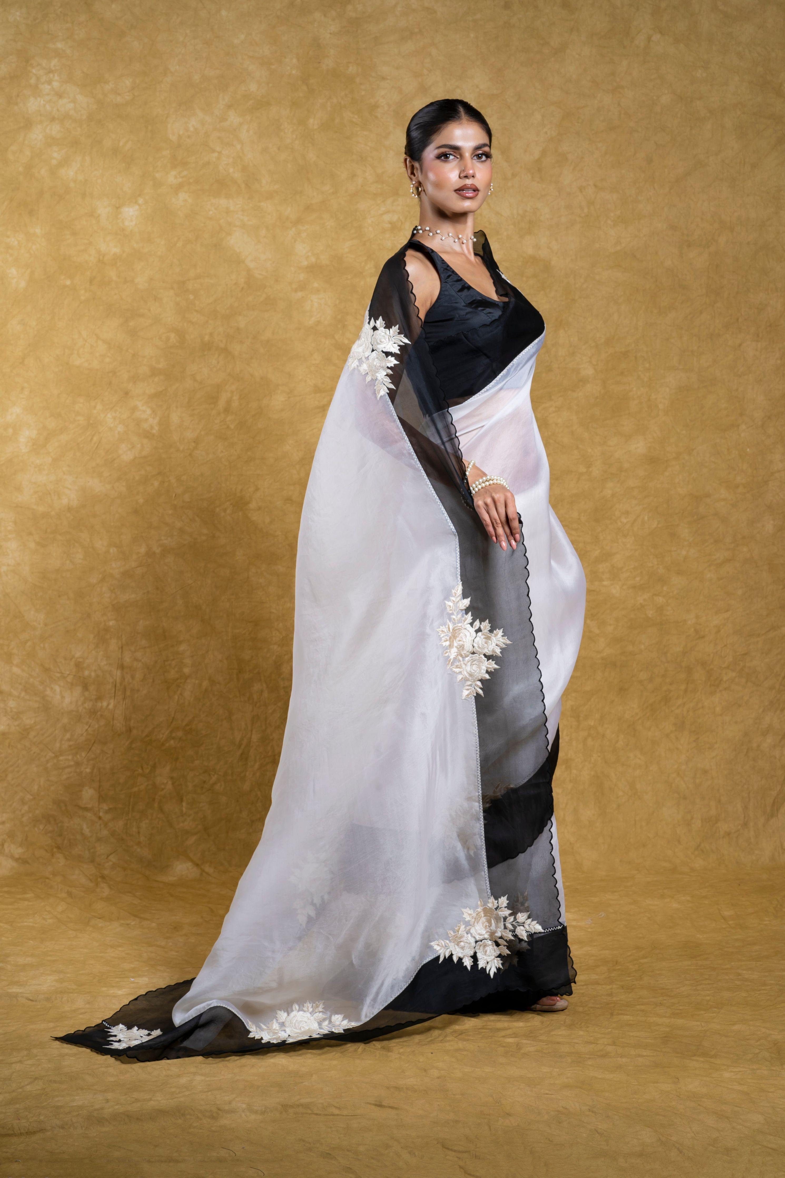 White Organza Saree with Black Floral Applique - Mokshaa