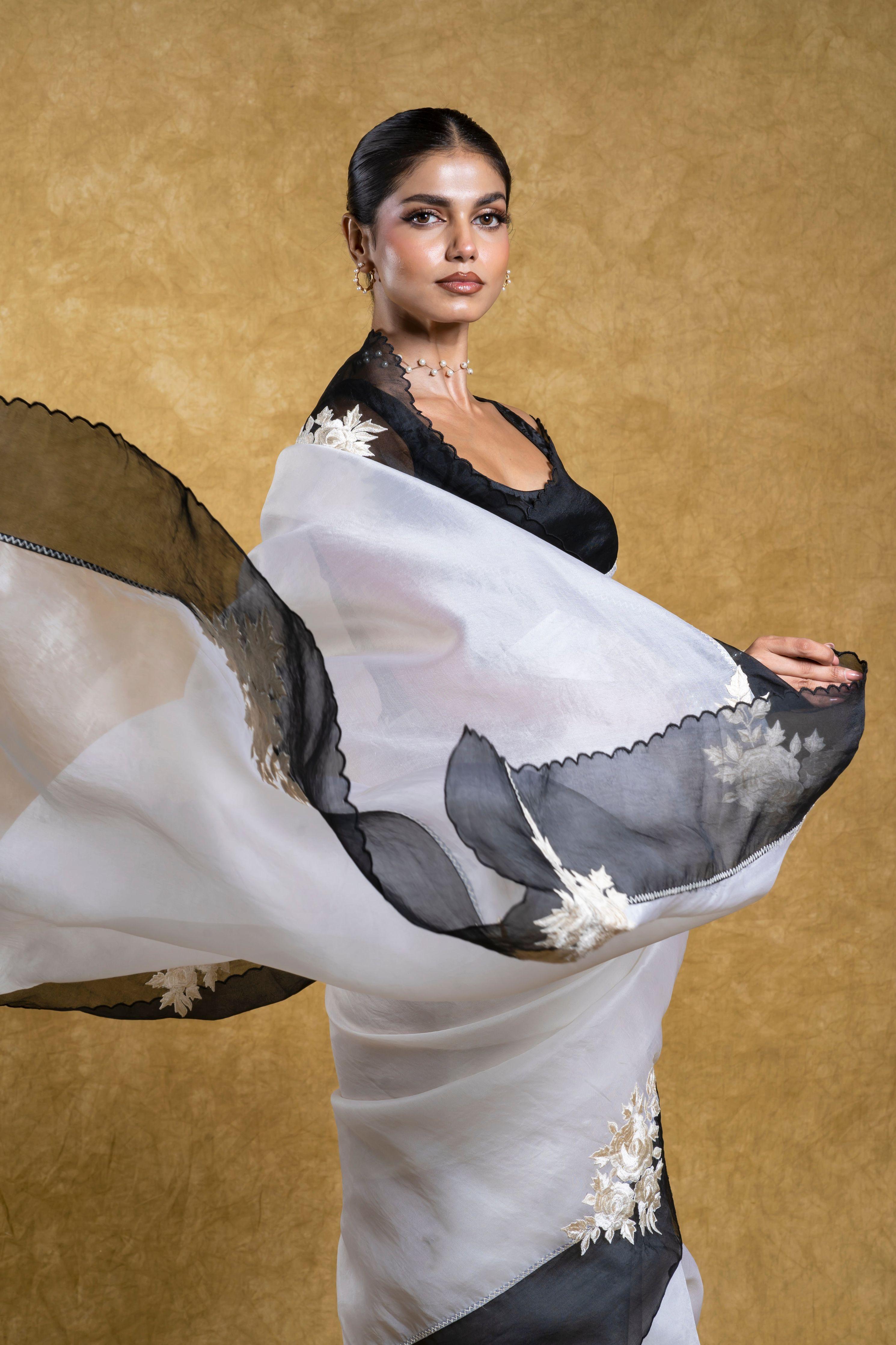 White Organza Saree with Black Floral Applique - Mokshaa