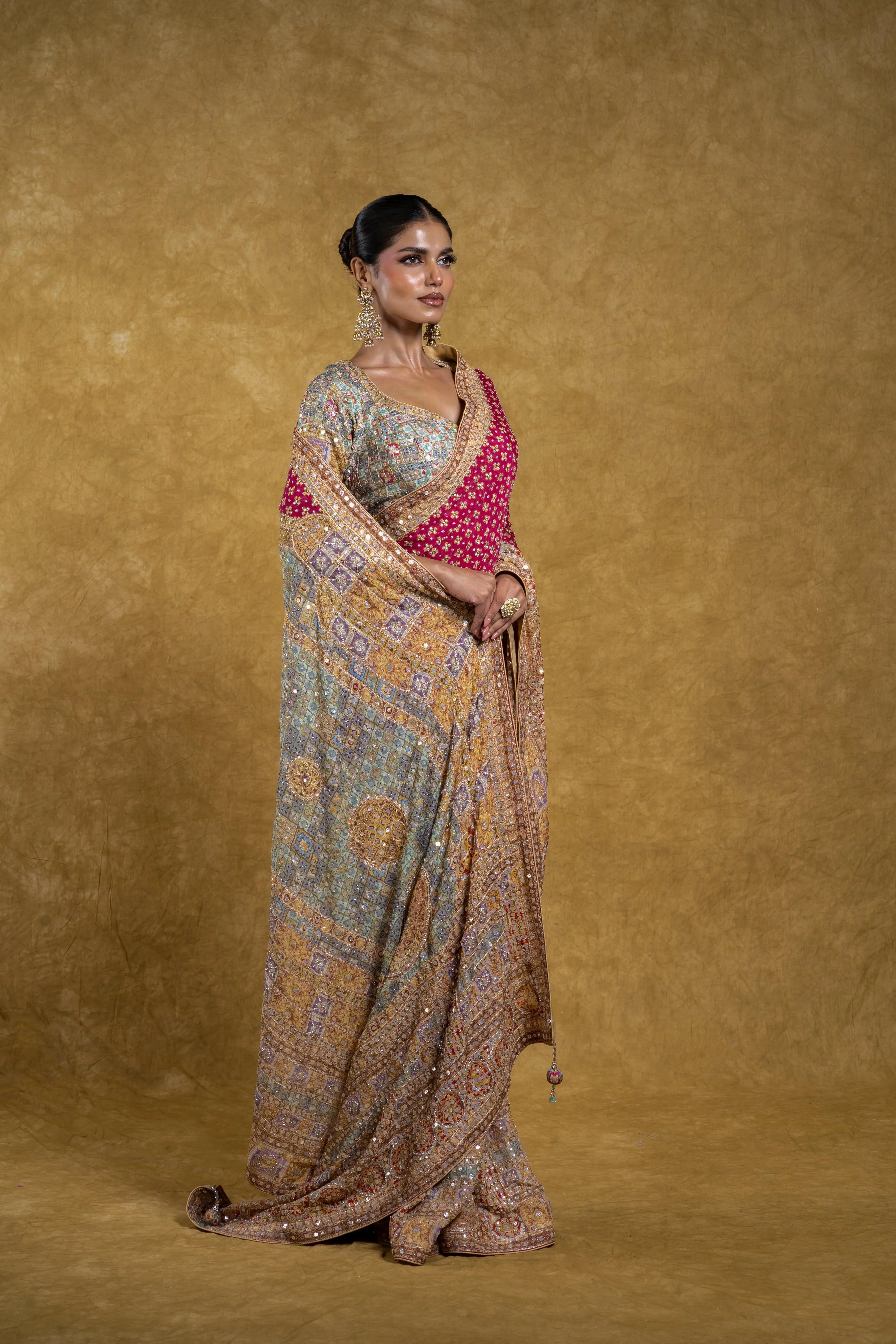 Rani Pink and Pastel Multicolor Border Saree - Mokshaa