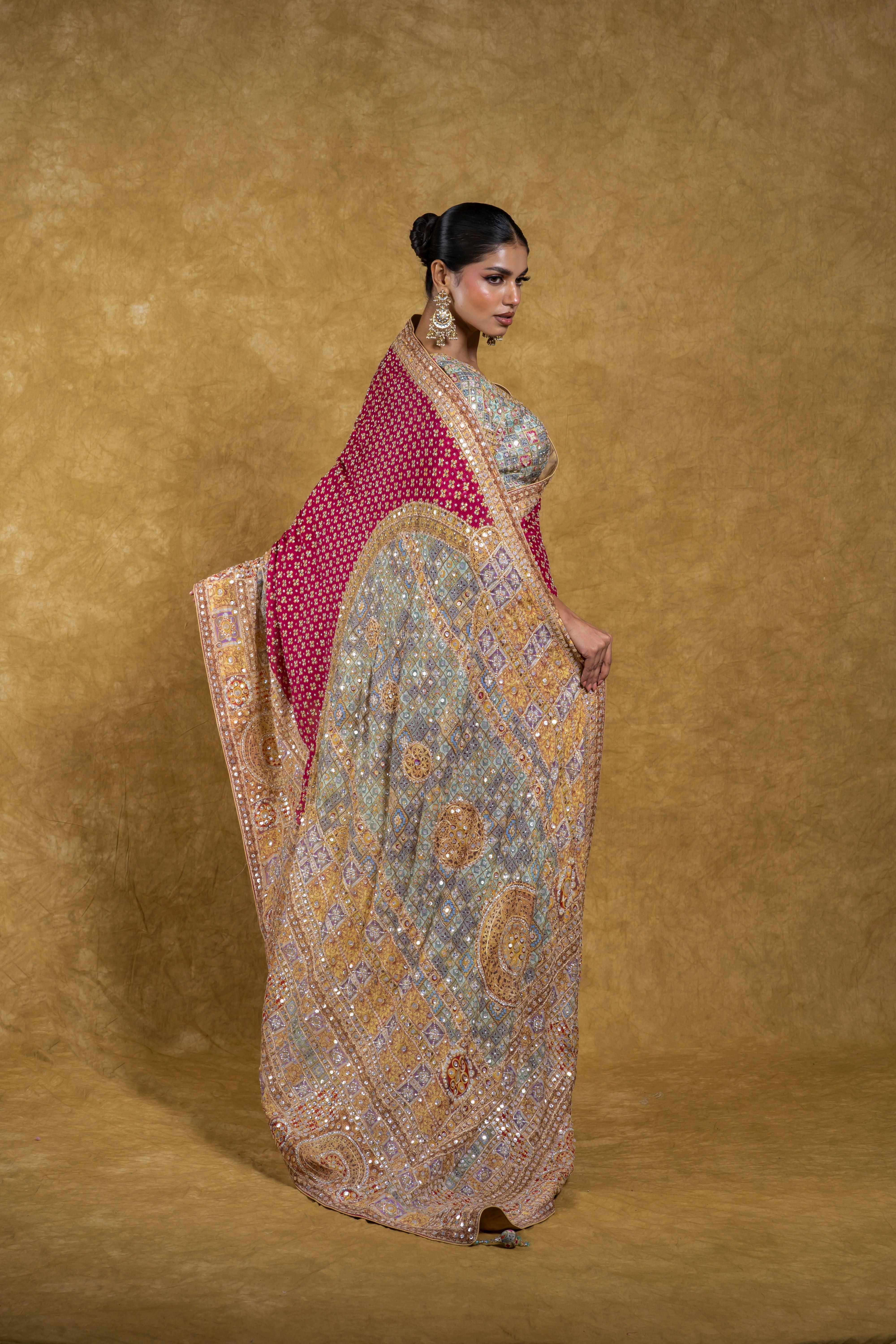 Rani Pink and Pastel Multicolor Border Saree - Mokshaa