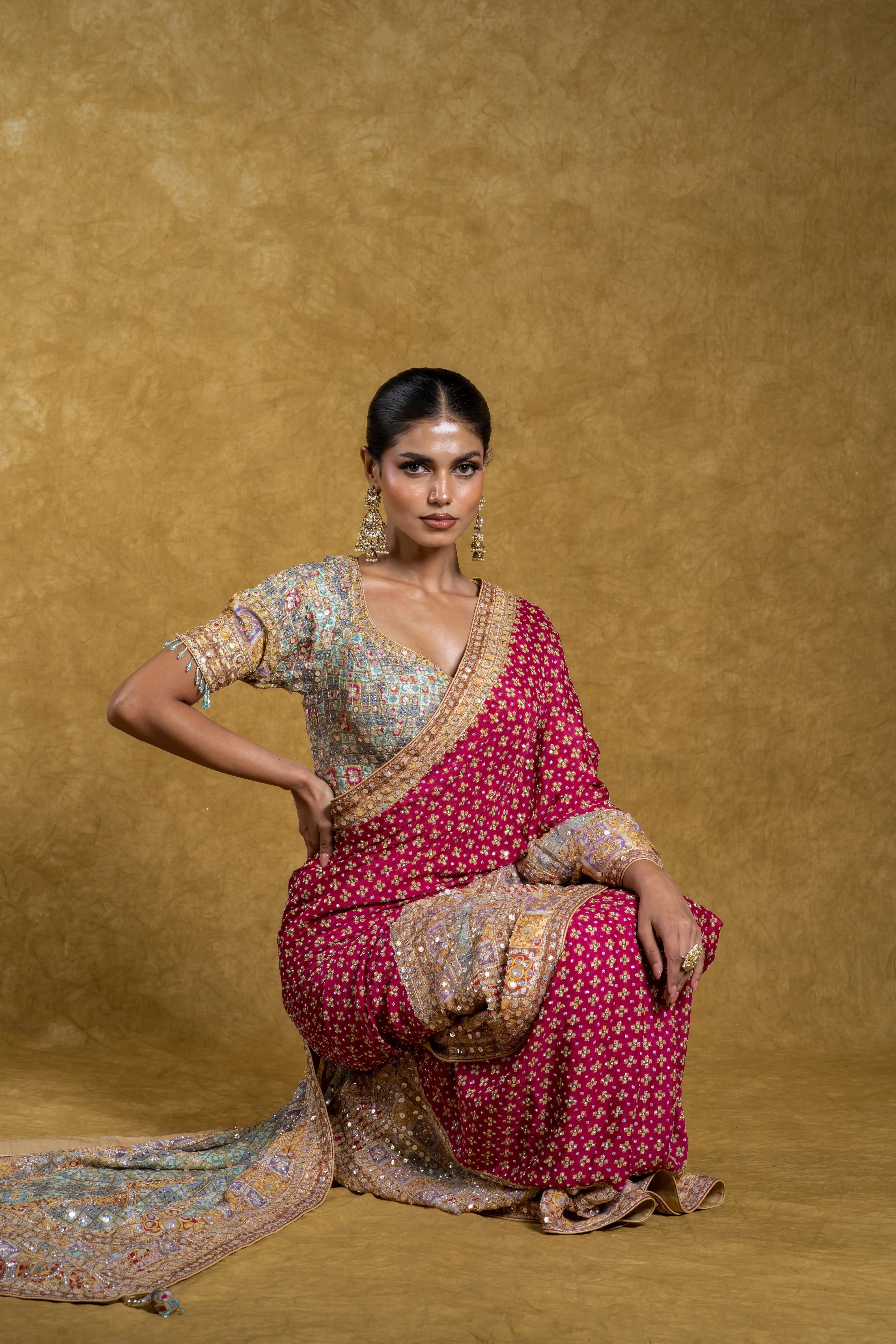 Rani Pink and Pastel Multicolor Border Saree - Mokshaa