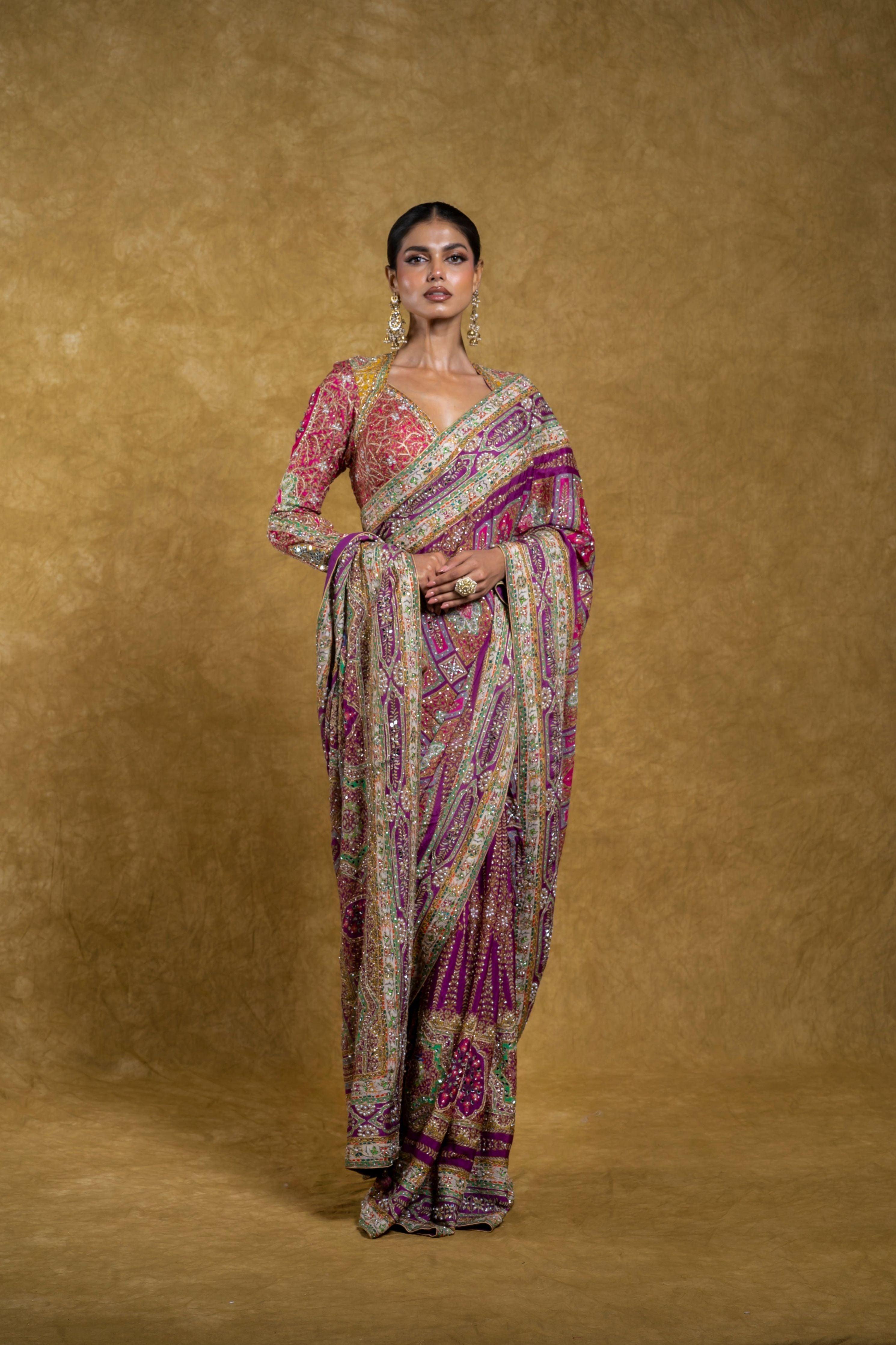Magenta and Multicolor Saree with Mirror and Sequin | Saree | Mokshaa