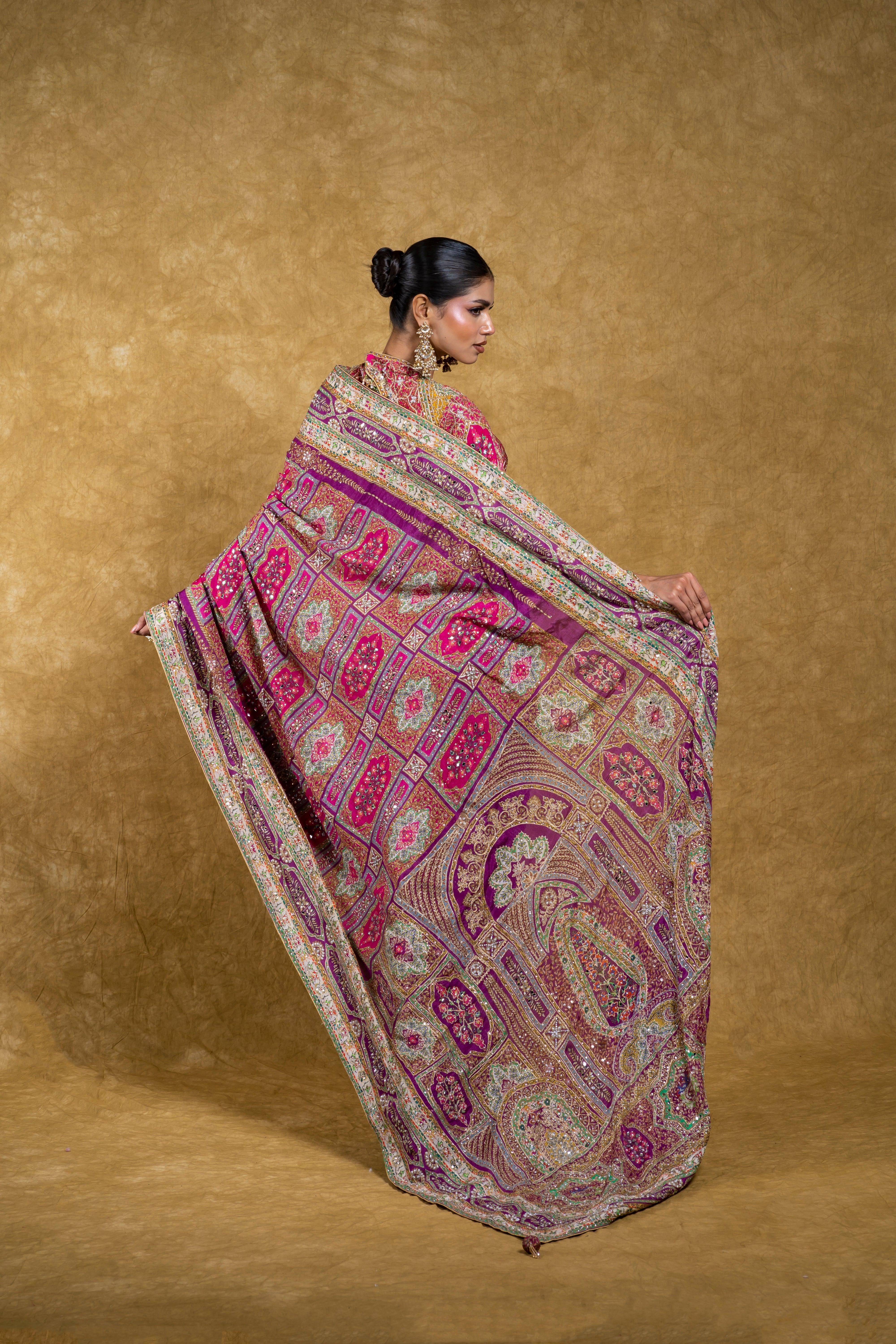 Magenta and Multicolor Saree with Mirror and Sequin | Saree | Mokshaa