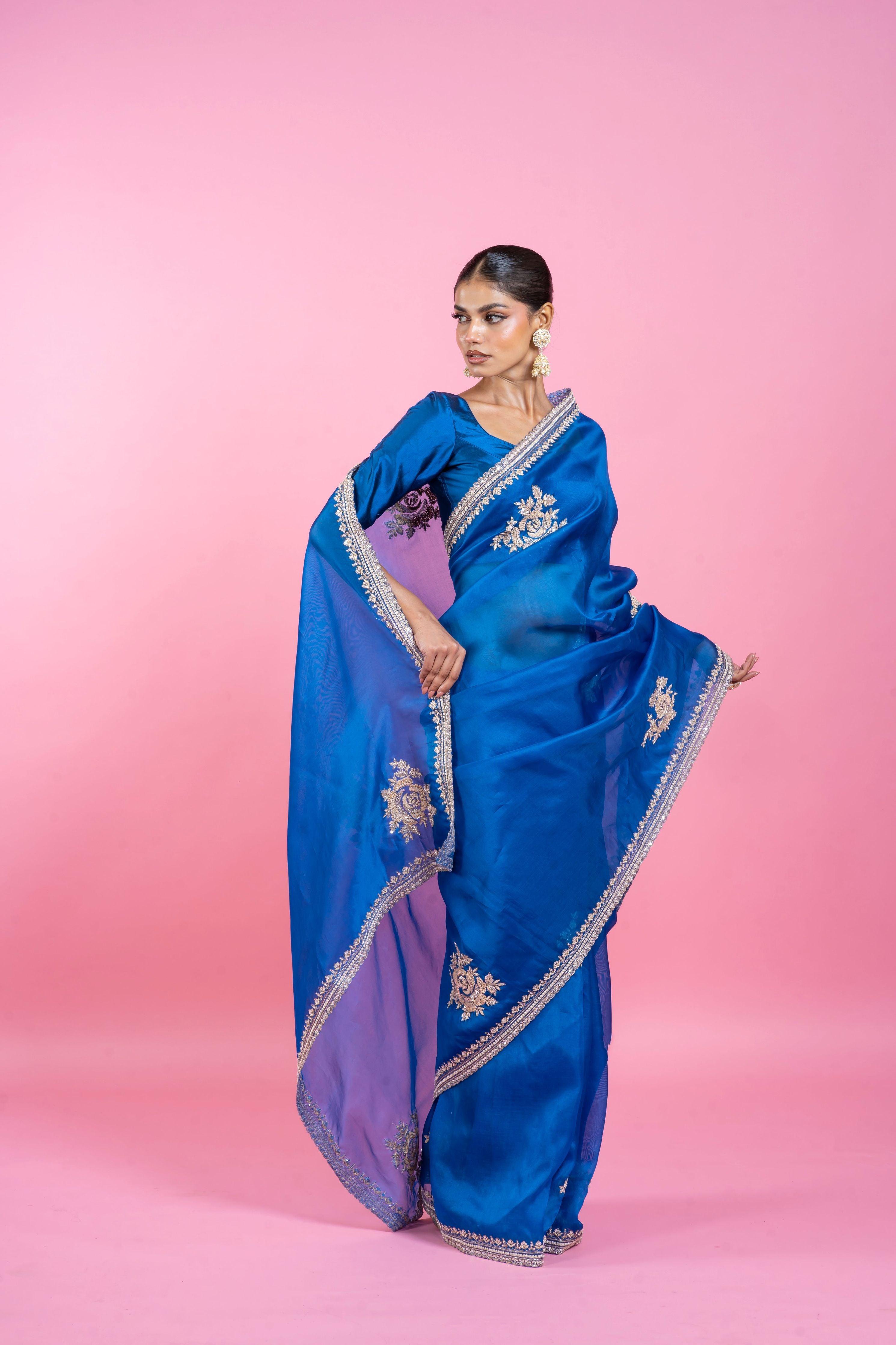 Royal Blue Organza Saree with Embroidery - Mokshaa