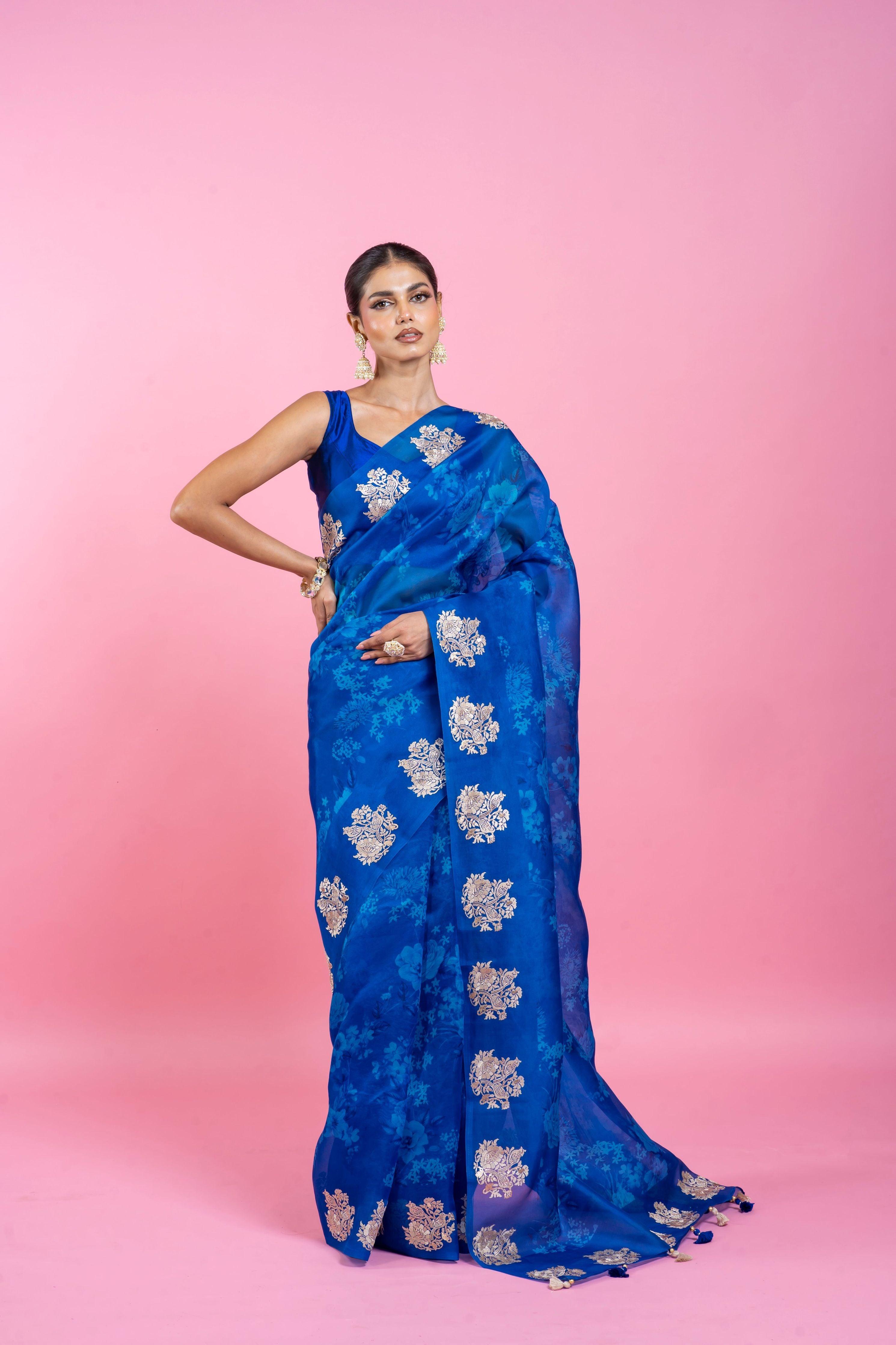 Ink Blue Organza Saree with Digital Print and Embroidery - Mokshaa