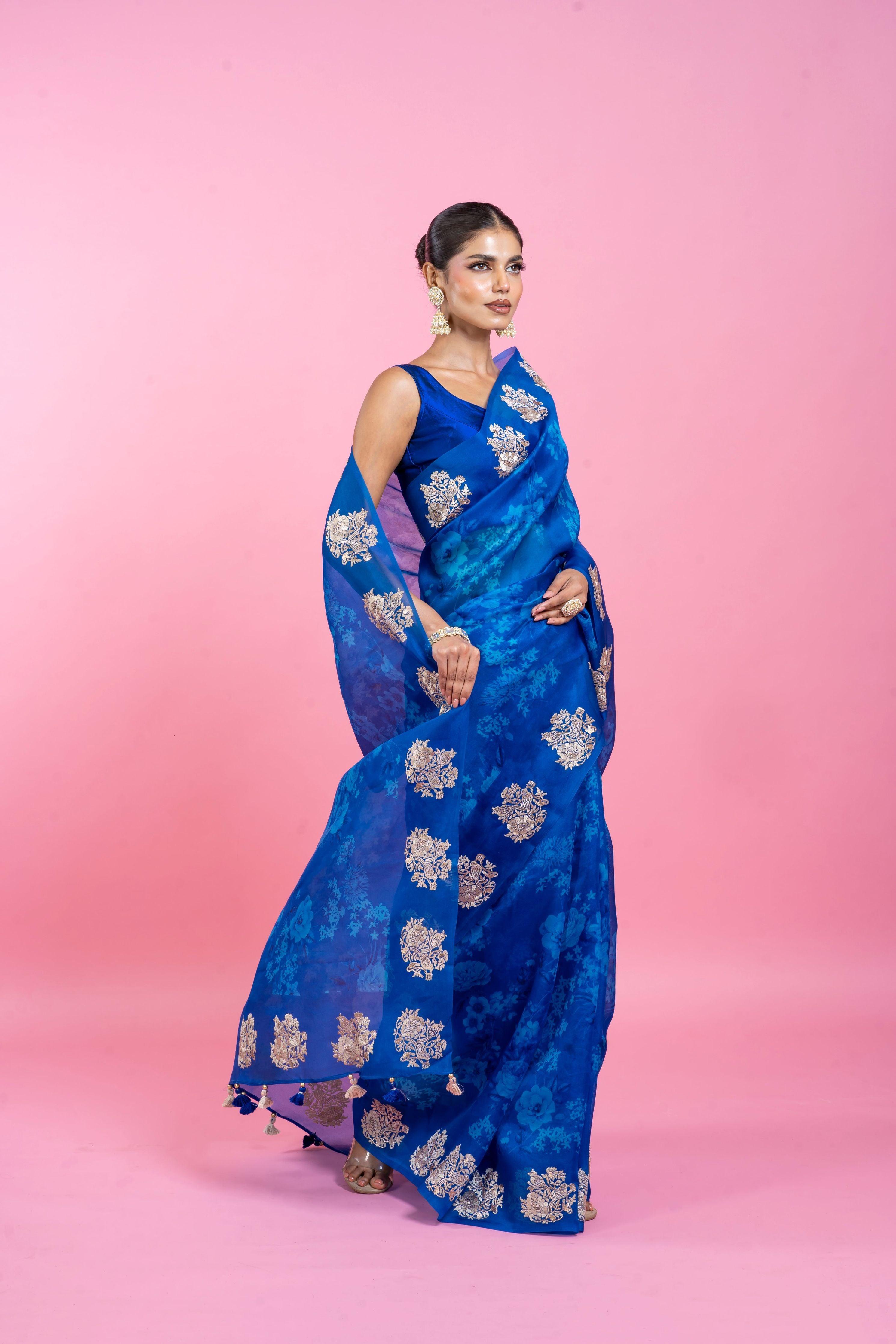 Ink Blue Organza Saree with Digital Print and Embroidery - Mokshaa