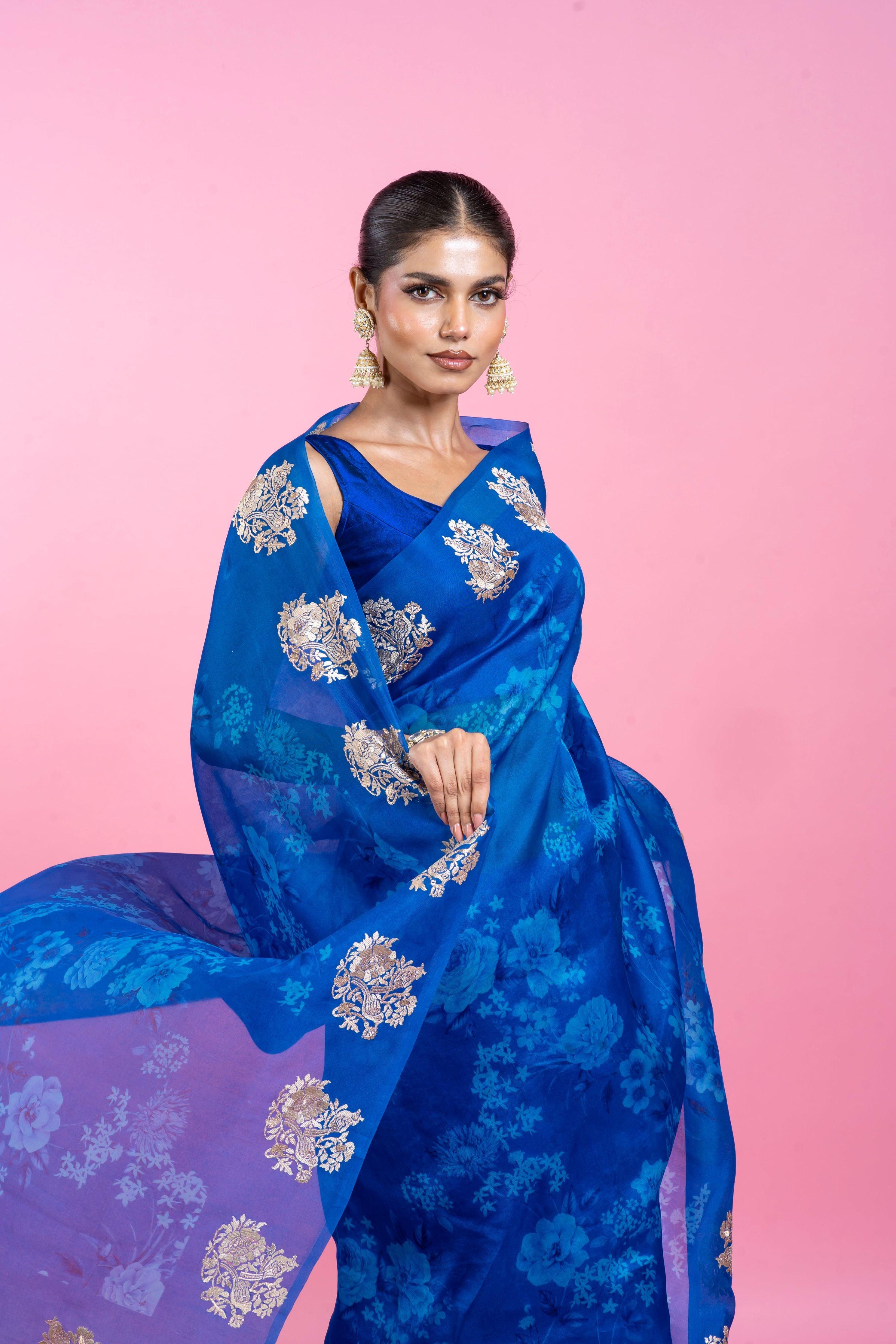 Ink Blue Organza Saree with Digital Print and Embroidery - Mokshaa