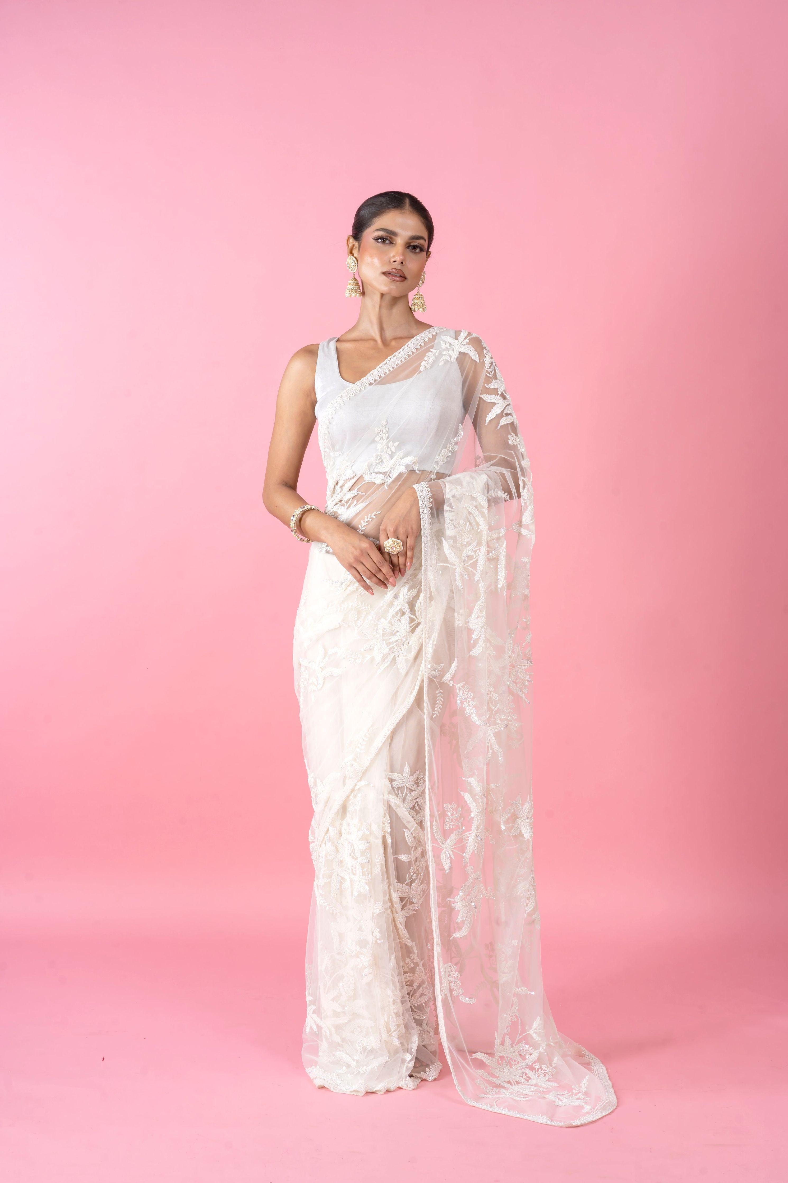White Net Saree with Pearl and Sequins Embroidery - Mokshaa
