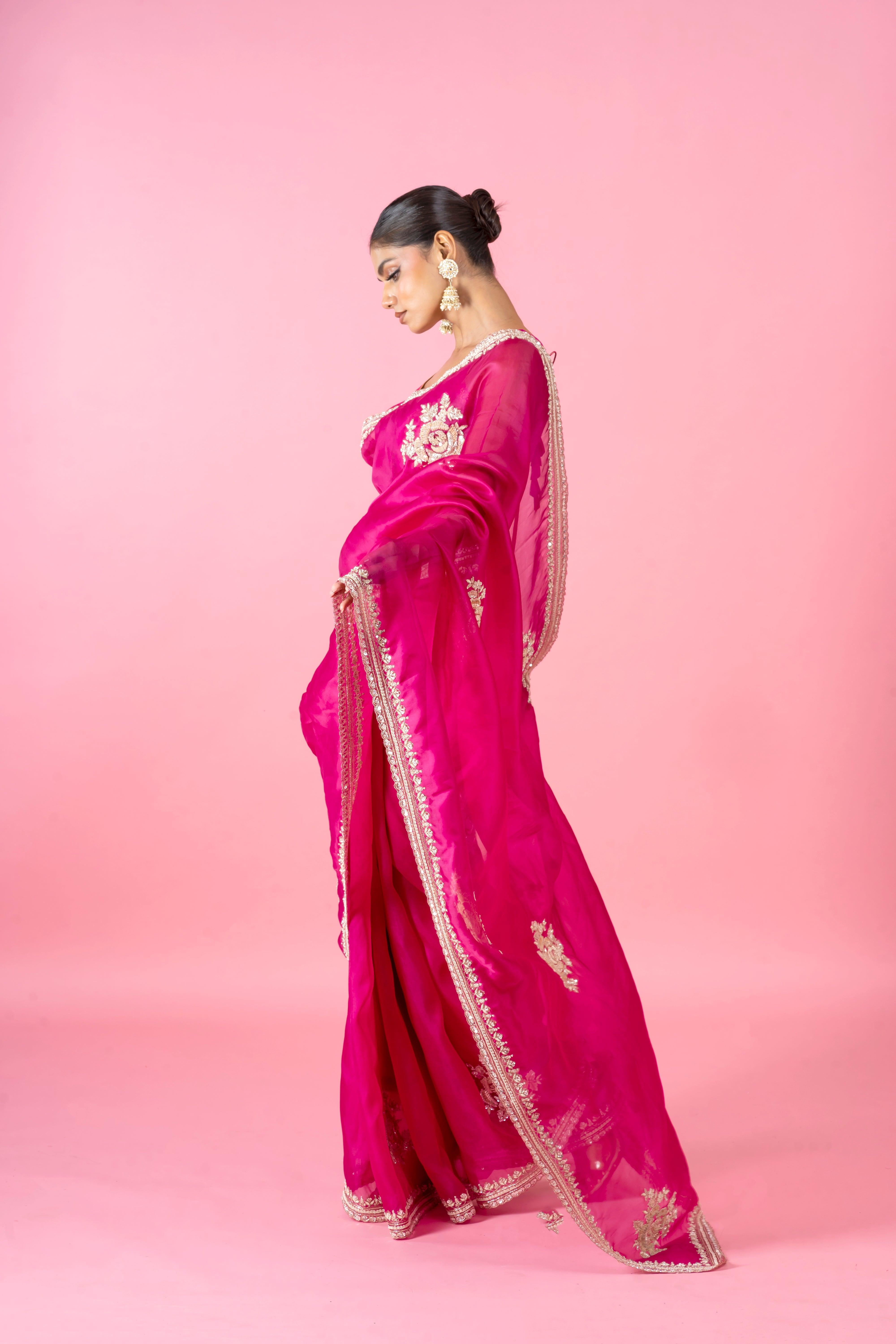 Bright Magenta Organza Saree with Zari Border and Intricate Floral Work - Mokshaa