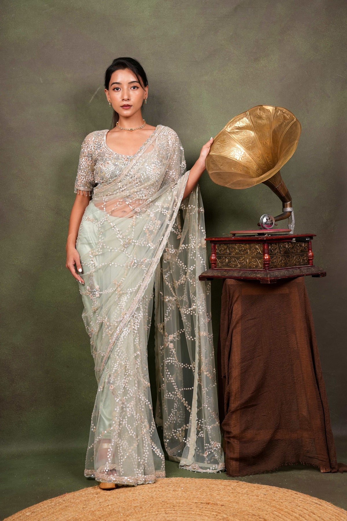 Mint Green Net Saree