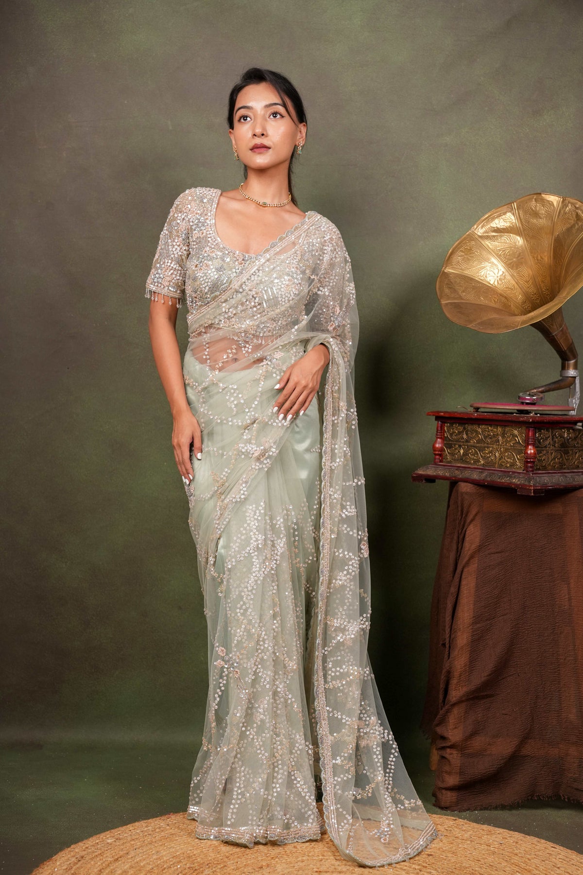 Mint Green Net Saree