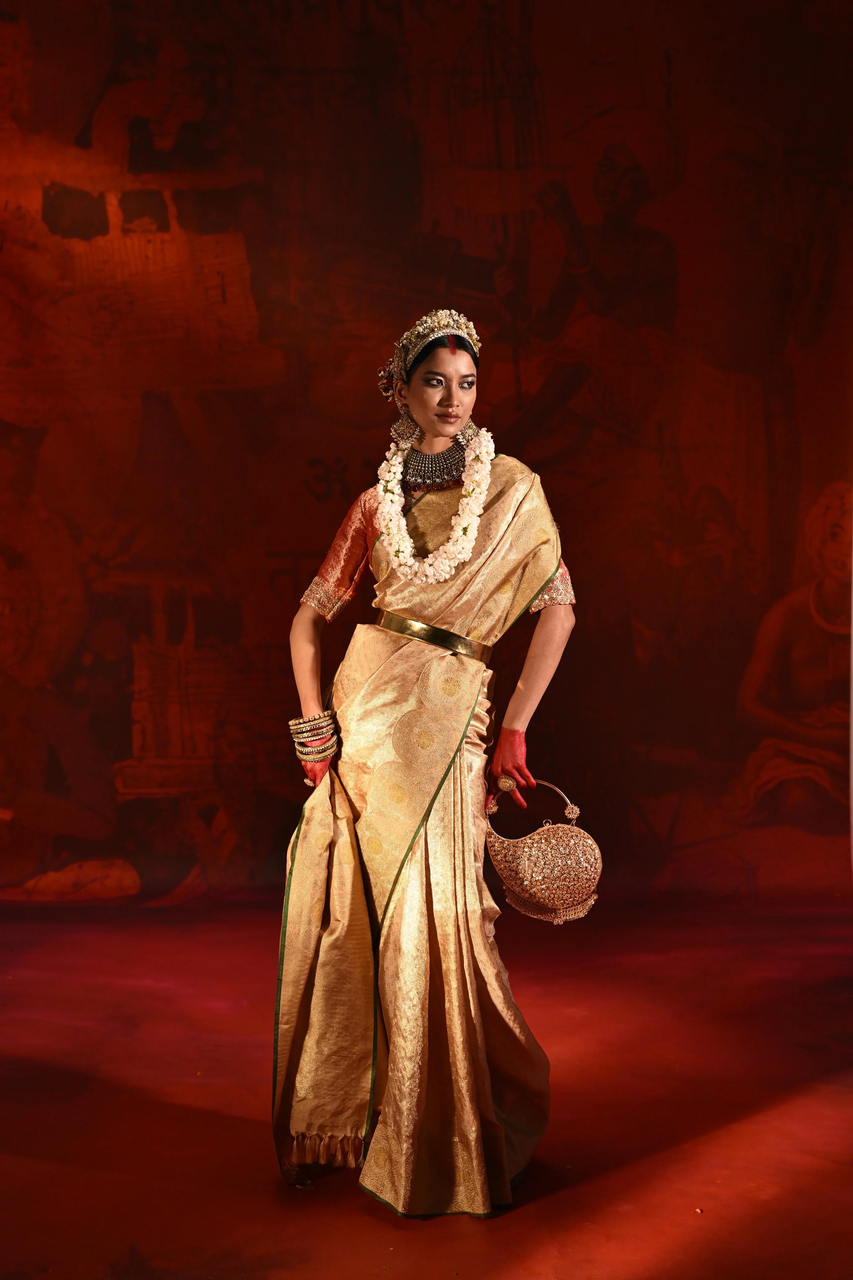 Beige Gold Kanchivaram Tissue Silk Saree with All-Over Zari Weaving - Mokshaa