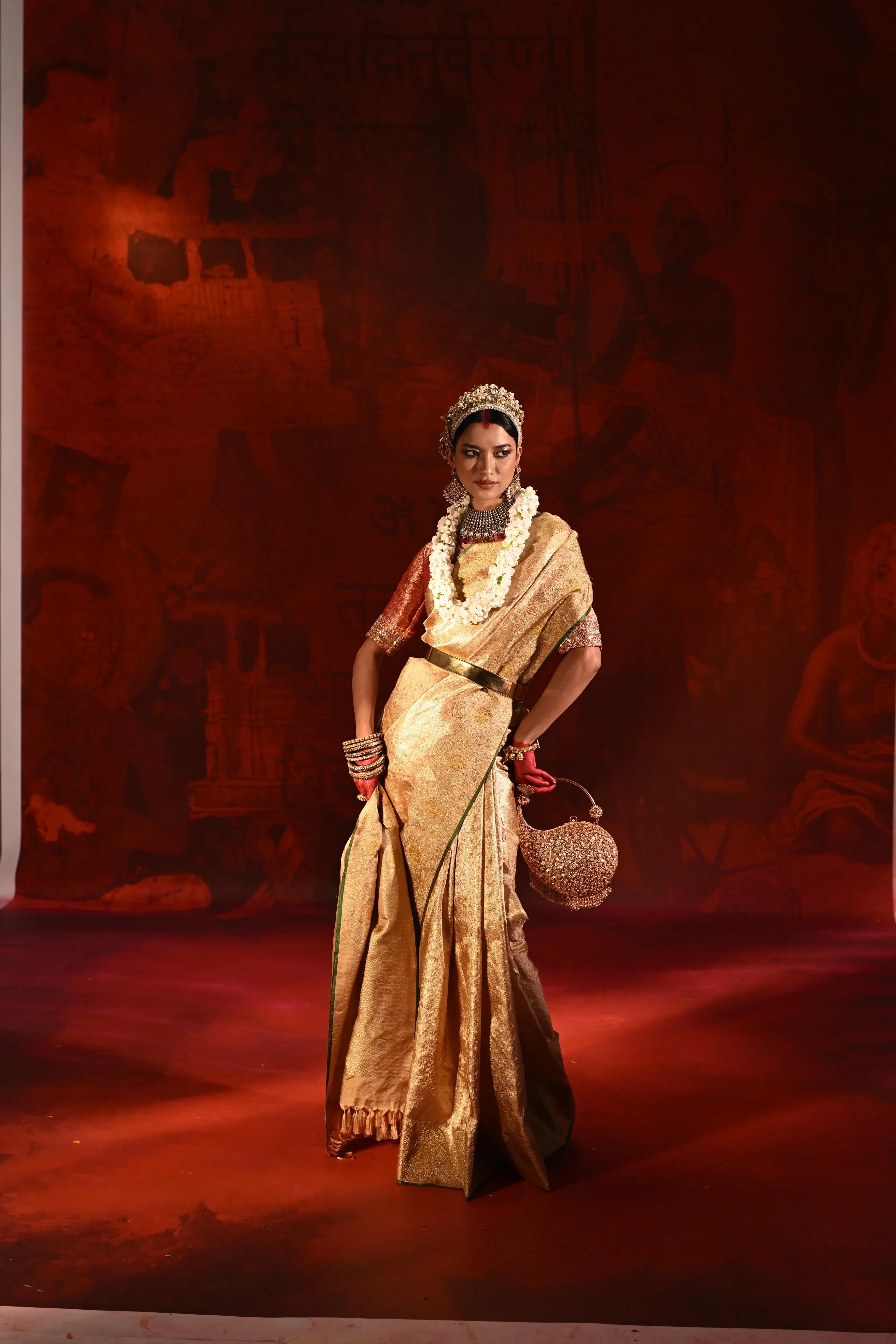 Beige Gold Kanchivaram Tissue Silk Saree with All-Over Zari Weaving - Mokshaa